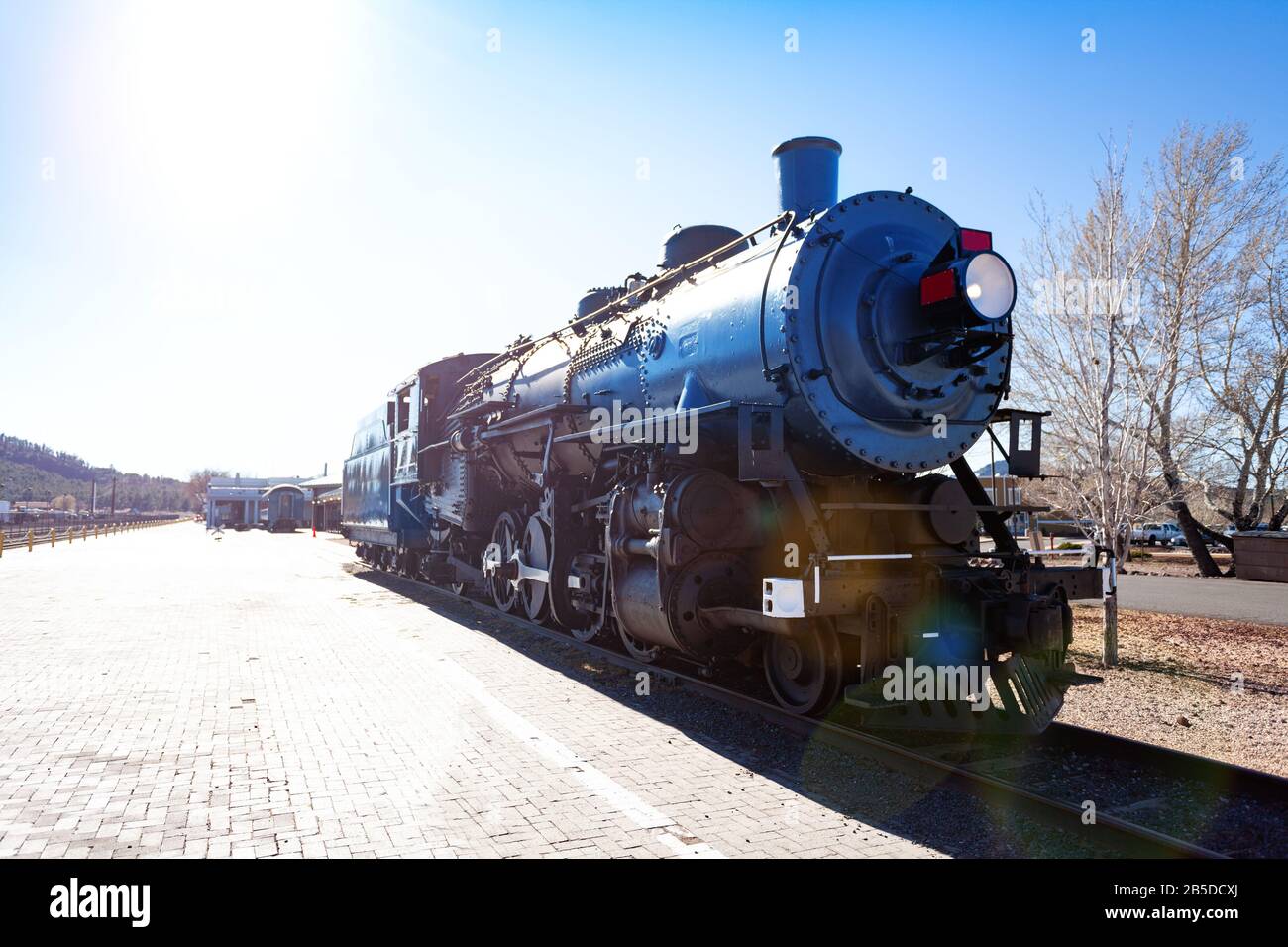 Front view of old steam iron big locomotive on the station in Arizona, USA Stock Photo