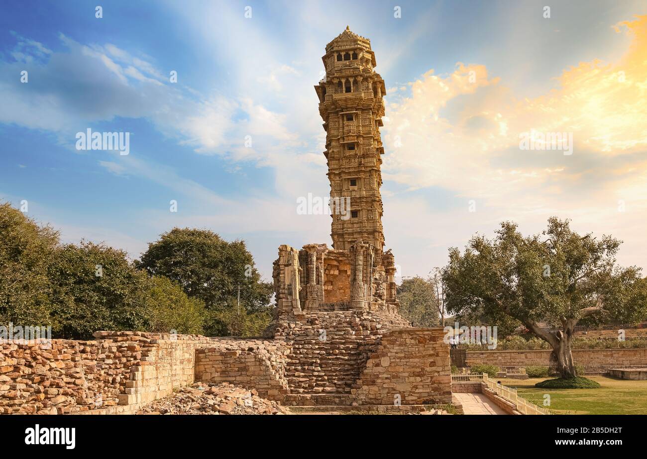 Chittorgarh Fort ancient architecture with view of victory monument known as the 'Vijaya Stambha' with medieval ruins at Udaipur, Rajasthan, India Stock Photo