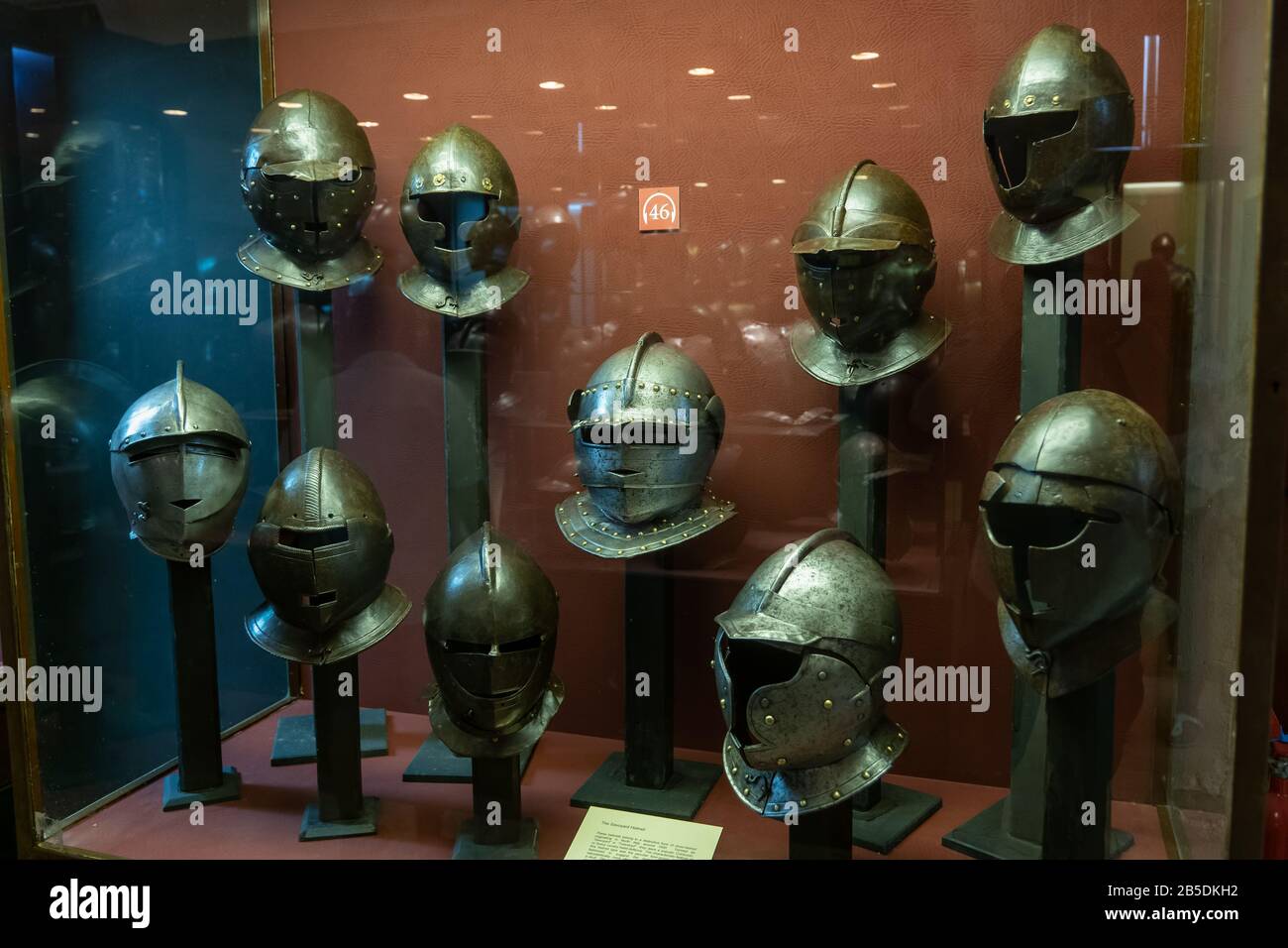 Savoyard helmets collection in the Palace Armoury museum in the Grandmaster Palace in Valletta, Malta Stock Photo