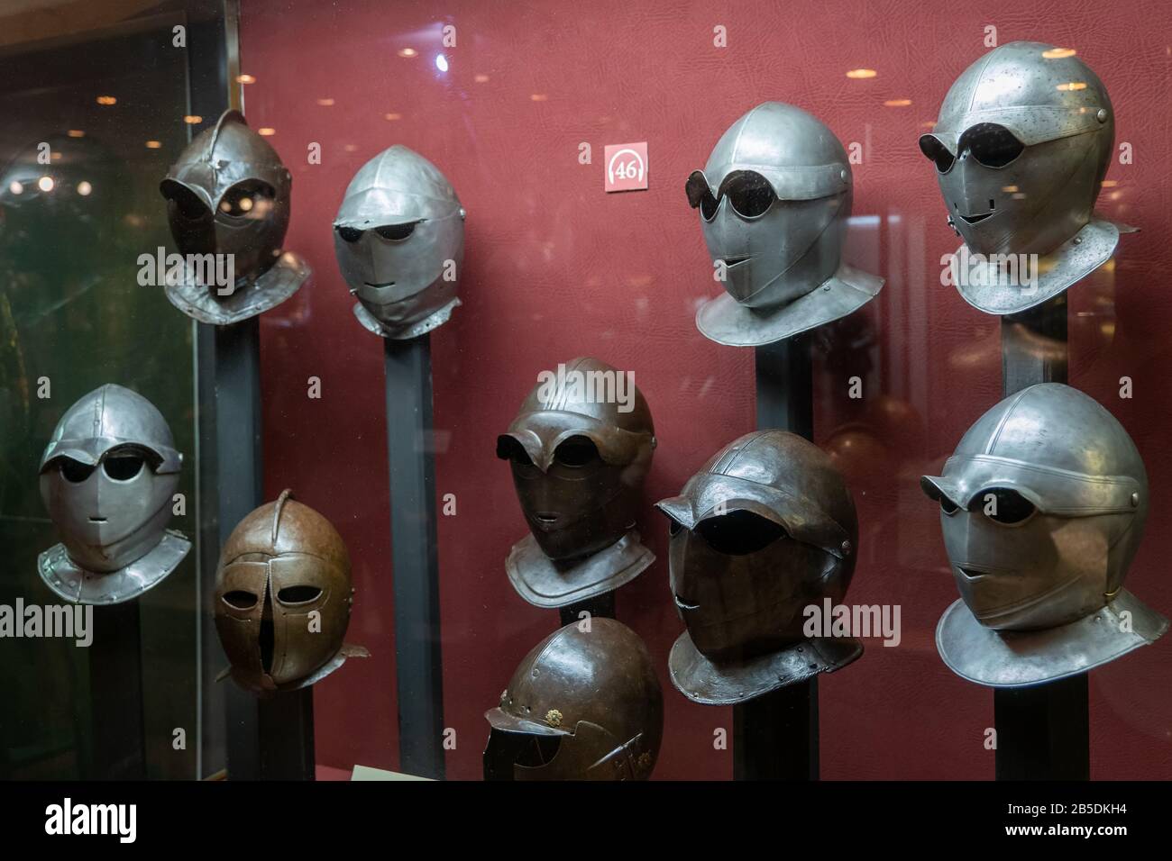 Savoyard style close helmets from 17th century in the Palace Armoury museum in the Grandmaster Palace in Valletta, Malta Stock Photo