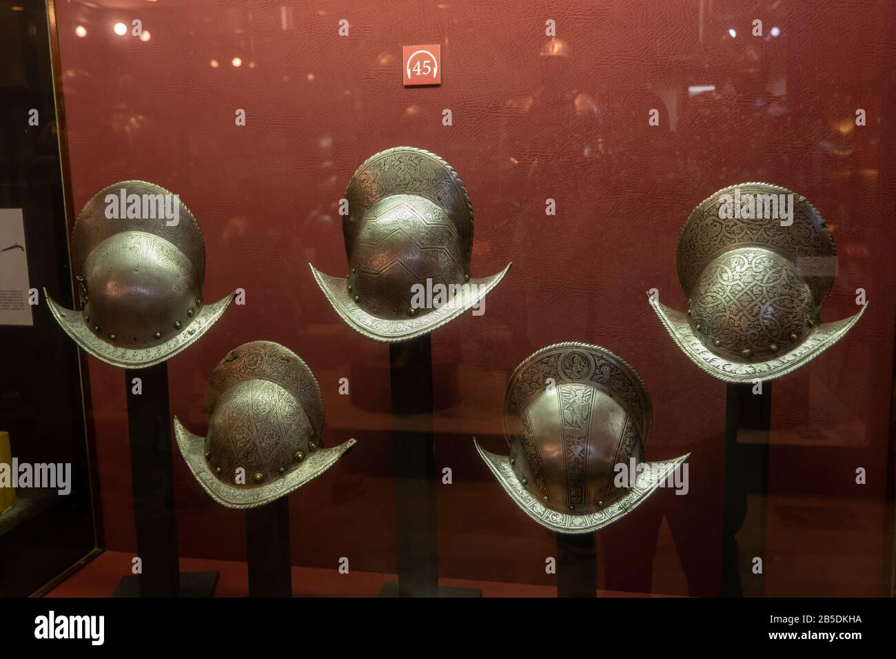 Morion type open helmets in the Palace Armoury museum in the Grandmaster Palace in Valletta, Malta Stock Photo