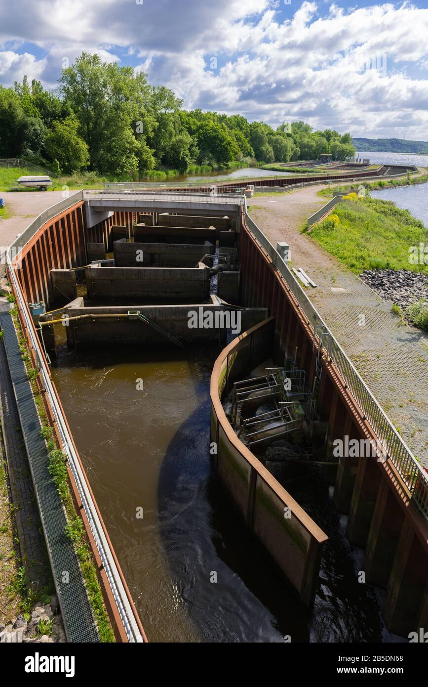 Fish pass at a retaining weir on the Elbe river, Geesthacht, county of Lauenburg, Schleswig-Holstein, North Germany, Europe, Stock Photo