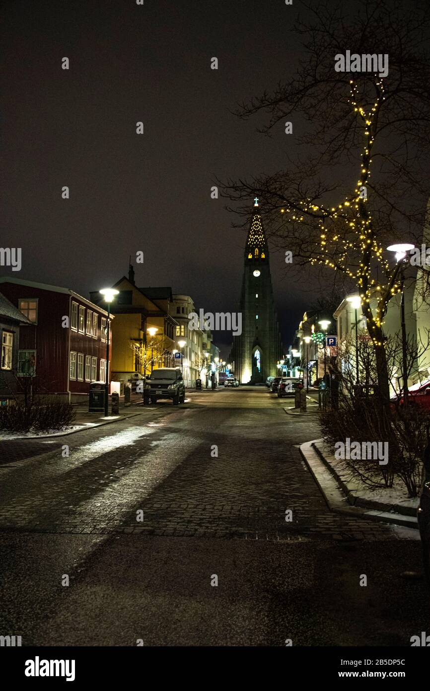 Hallgrimskirkja church from the street with lights, Reykjavik capital city of iceland,church Iceland Stock Photo