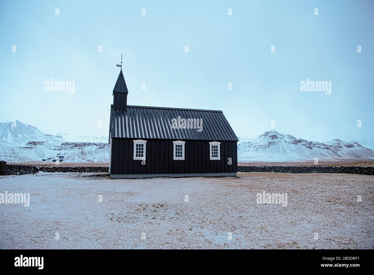 Iceland stunning  locations,Iceland travel destination beautiful iceland,Reykjavik Iceland in the winter with snow,The black church at Budir, Iceland Stock Photo