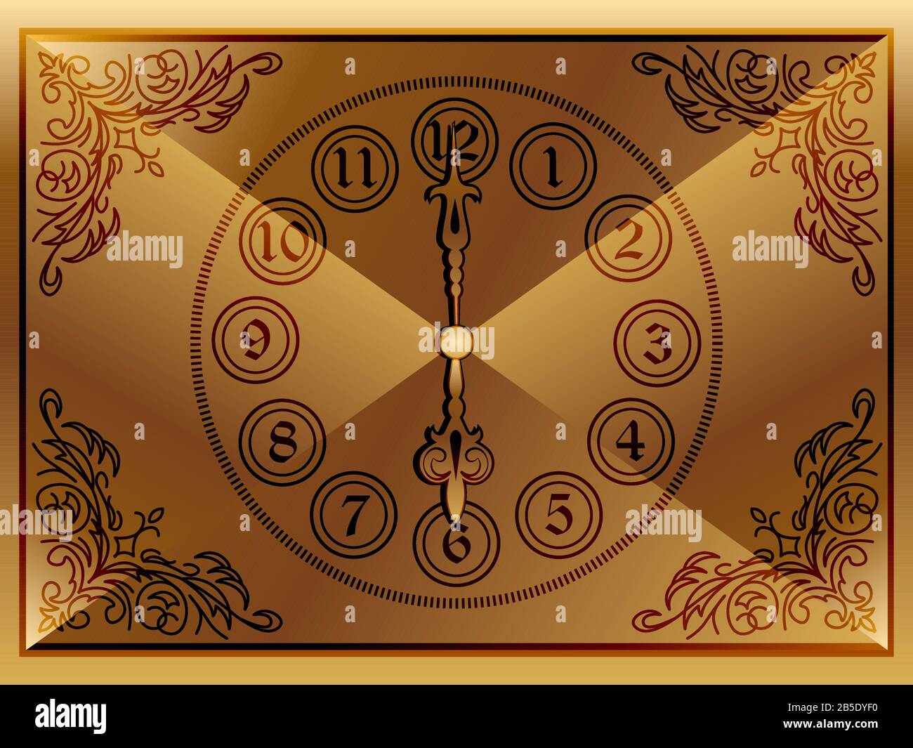 Realistic vintage golden clock under glass with filigree ornate tracery Stock Vector