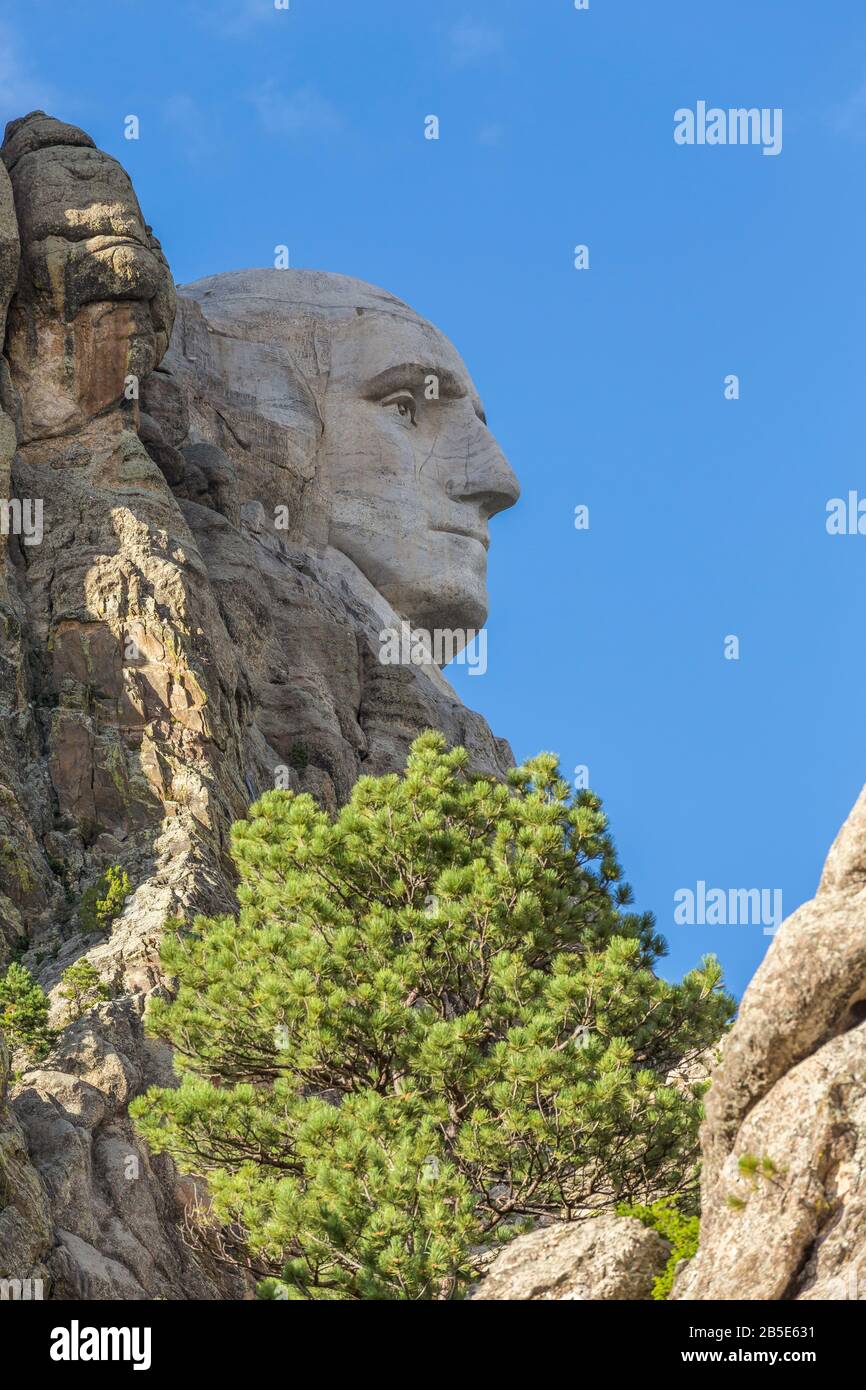 The face of George Washington on Mt. Rushmore in South Dakota. Stock Photo
