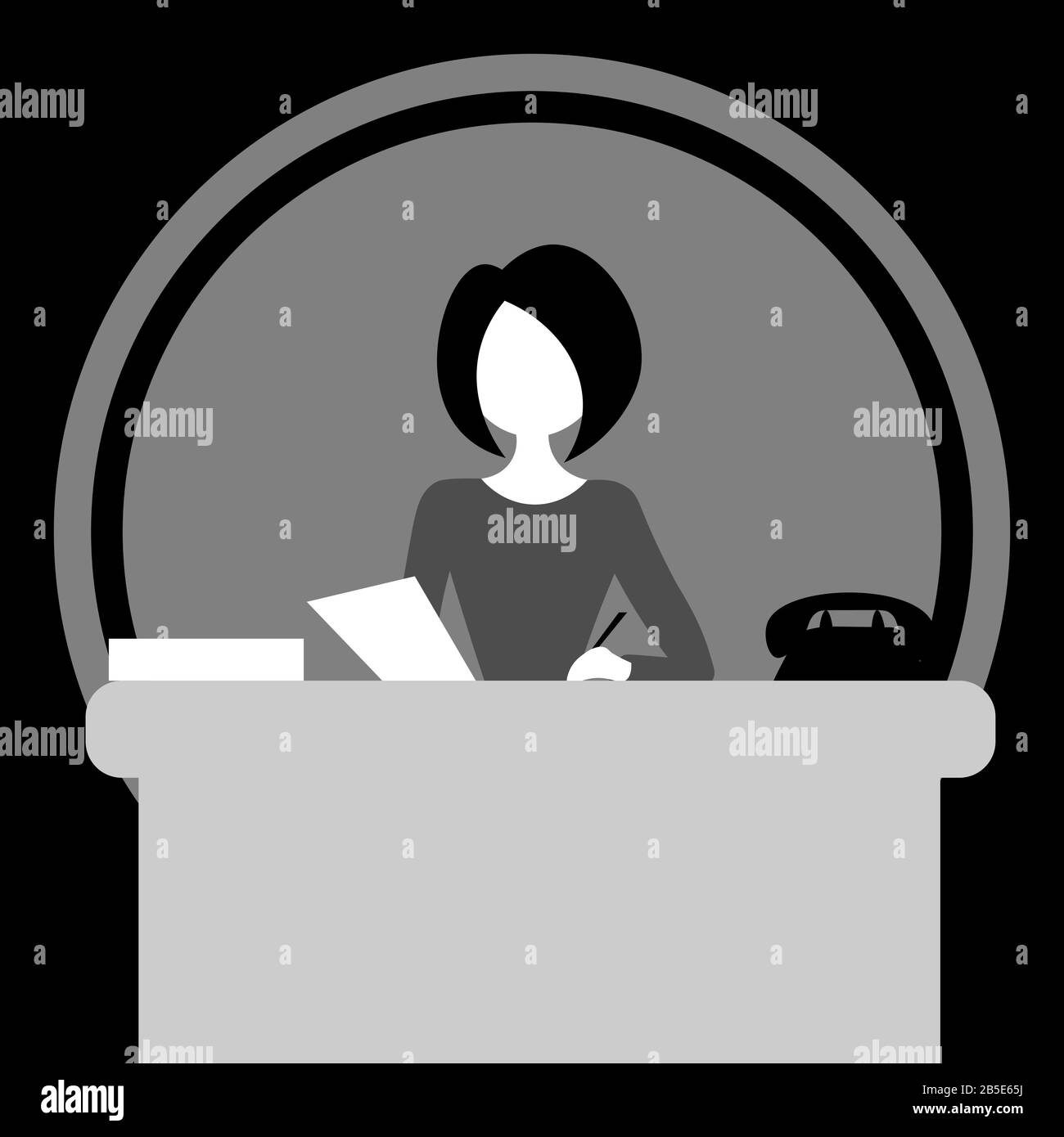 Monochrome faceless cartoon vintage woman sitting at the table and writing in the office Stock Vector