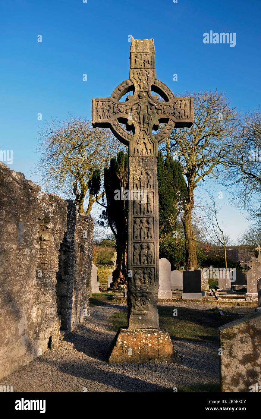 Ancient Celtic High Crosses in the old Monasterboice Abbey, Co. Louth Ireland Stock Photo