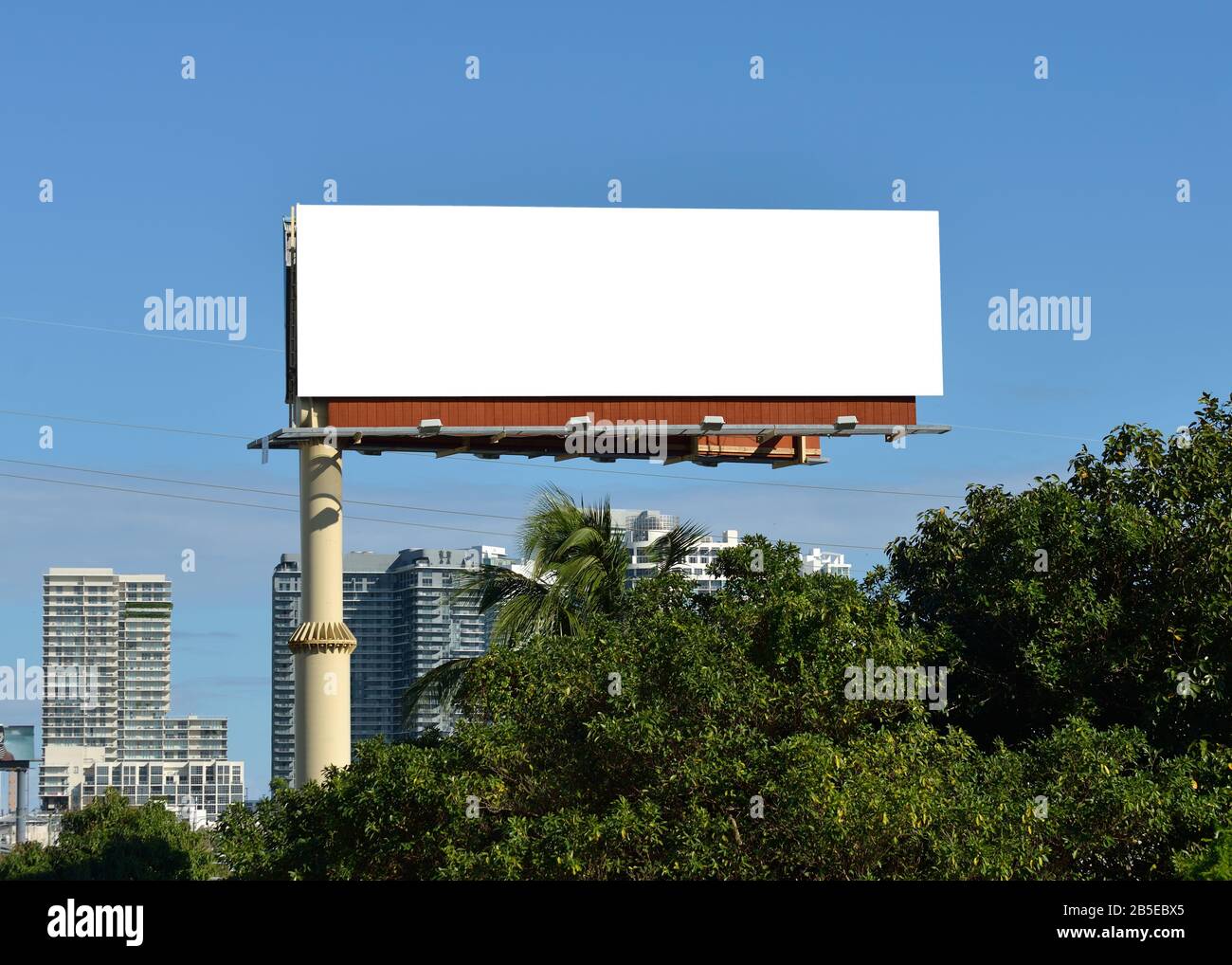 Large Billboard in the city. Green trees, modern buildings, blue sky. Outdoor advertising in South Florida. Stock Photo