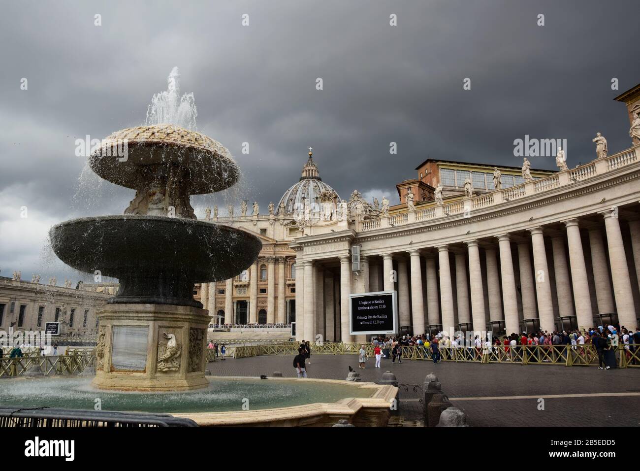 Vatican Obelisk, Maderno Fountain, Bernini´s Colonnade and Saint Peter´s Basilica on the Saint Peter´s Square in the city of Rome Stock Photo