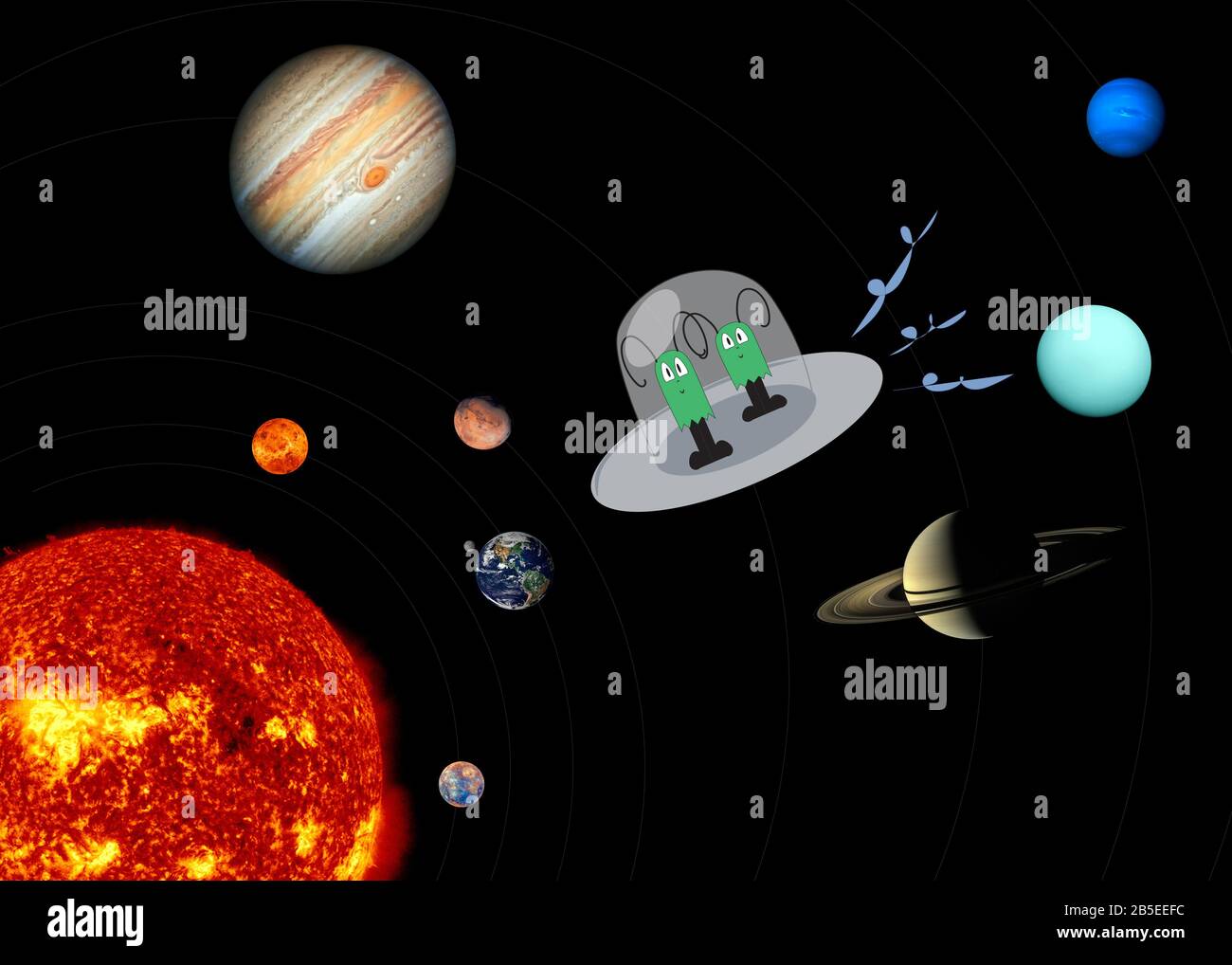 Aliens in spaceship illustrated in Solar System with sun and planets in orbit on black.  Planetary photos courtesy of NASA. Stock Photo