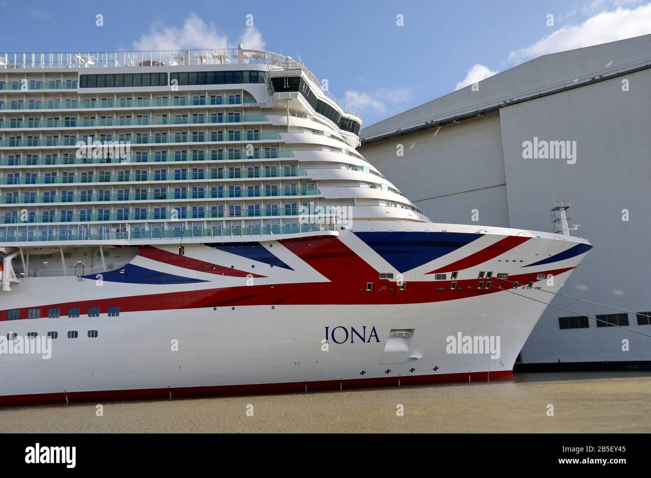 The new cruise ship IONA will be moored in front of the Meyer shipyard in Papenburg on March 1, 2020. Stock Photo