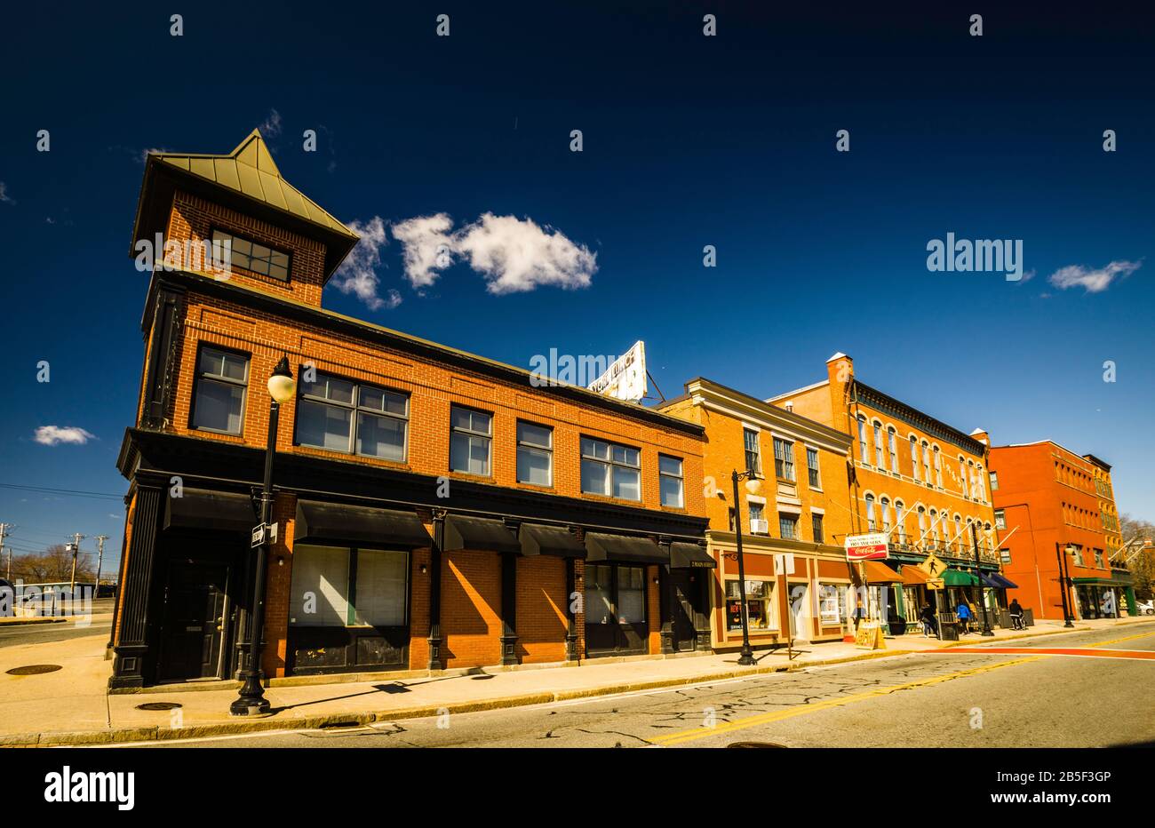 Brick Buildings Main Street from Hanora Mills   Woonsocket, Rhode Island, USA Stock Photo