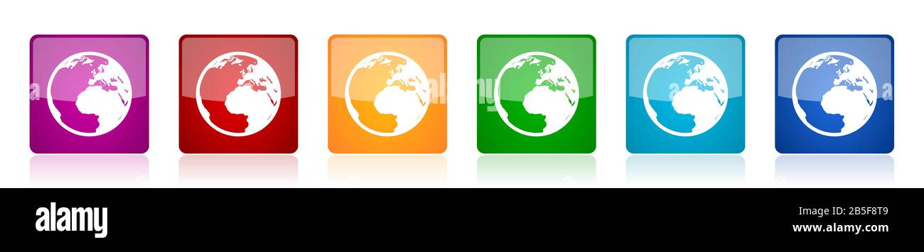 Earth icon set, colorful square glossy vector illustrations in 6 ...