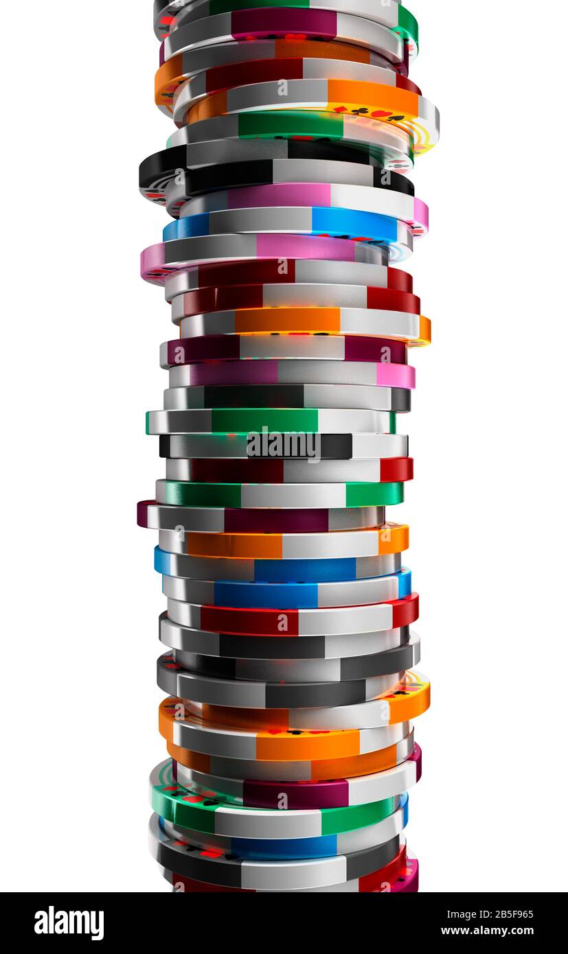 Gambling chips stacked high against a white background. Cutout Stock Photo