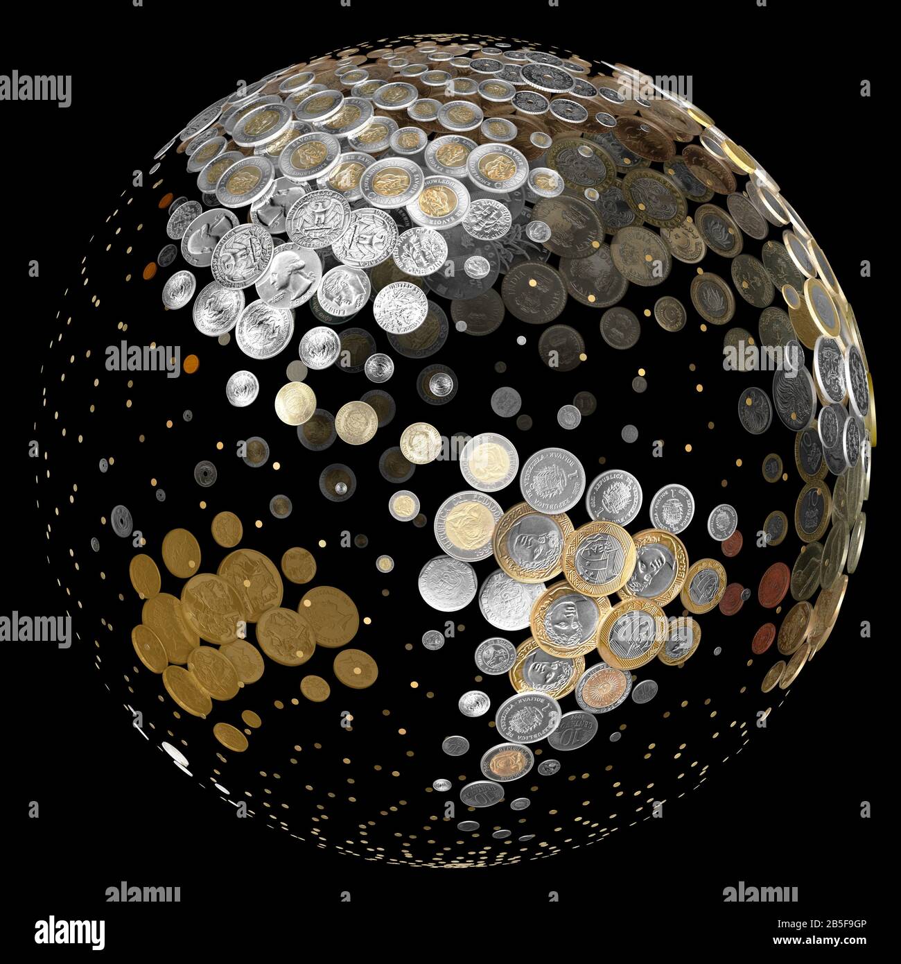 Globe of coins. International currency. World economy. Finance. Black Background. Stock Photo