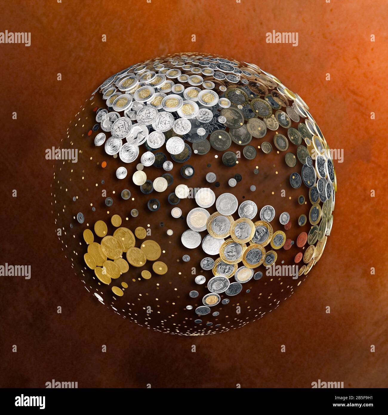 Globe of coins. International currency. World economy. Finance. Copper background. Stock Photo