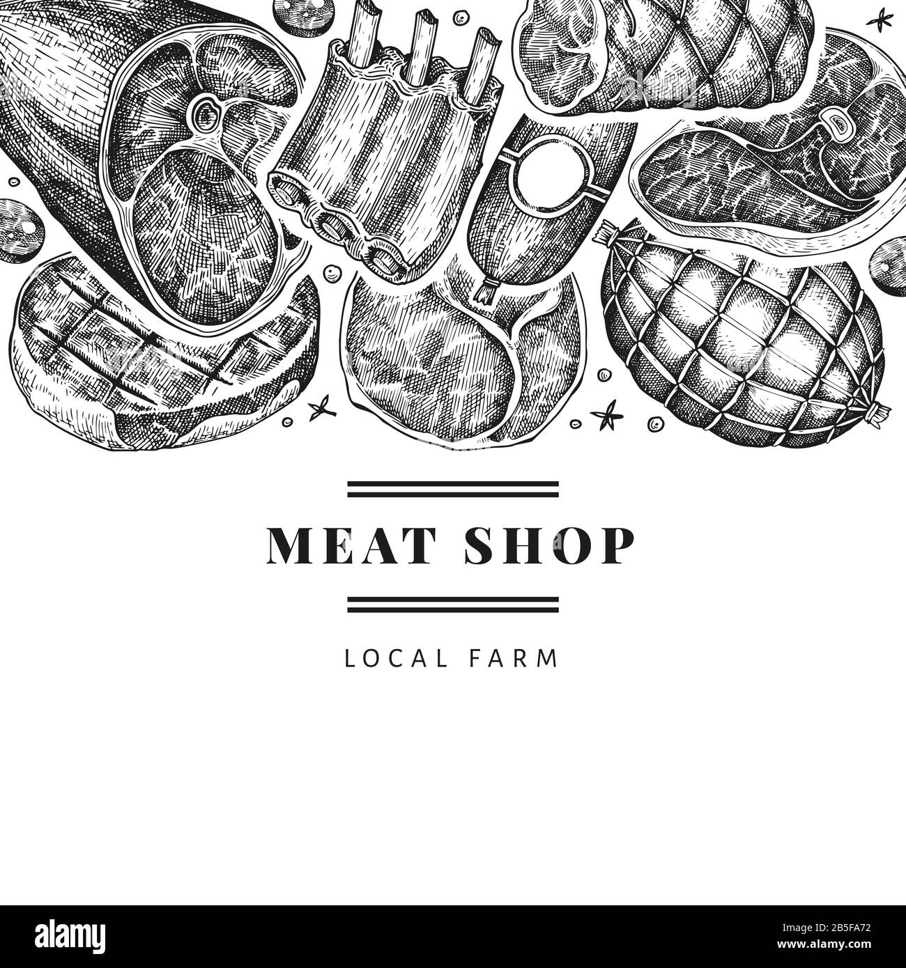 Retro vector meat products design template. Hand drawn ham, sausages