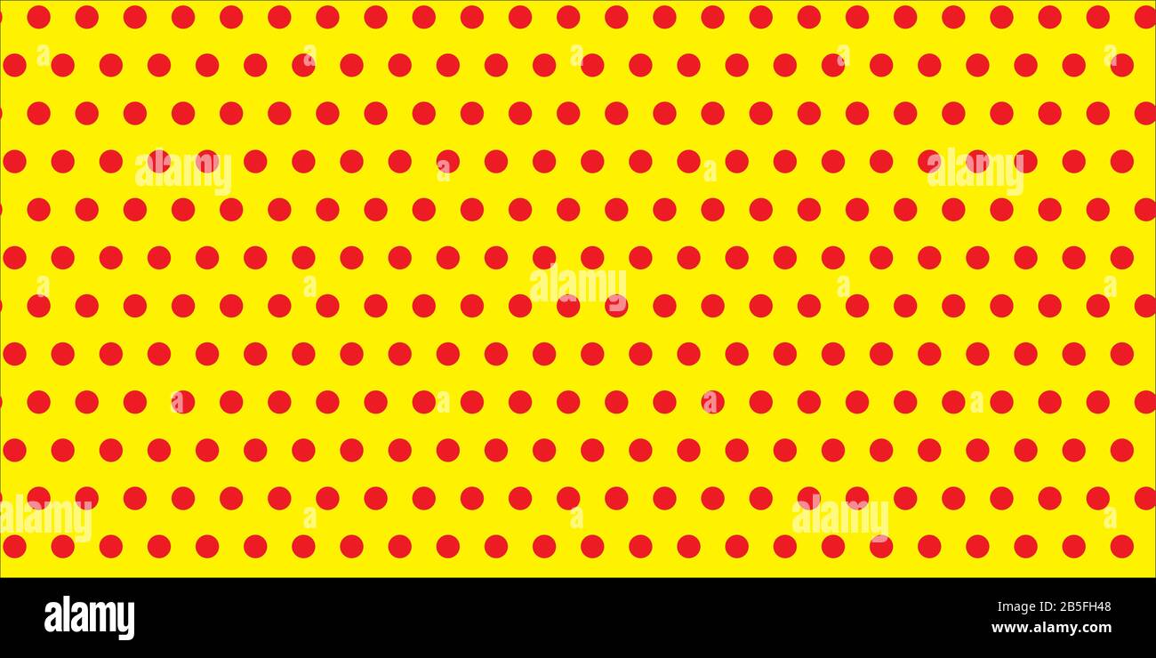 Red polka dots circles circumferences on a seamless infinite pattern against yellow empty space background geometrical texture. Vector illustration. Stock Vector