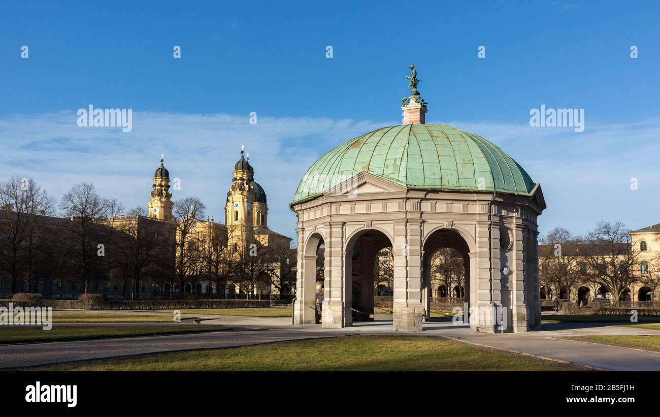 Panorama with Dianatempel (Temple of Diana), located in the center of the Hofgarten (garden of the former royal palace). In the back Theatinerkirche Stock Photo