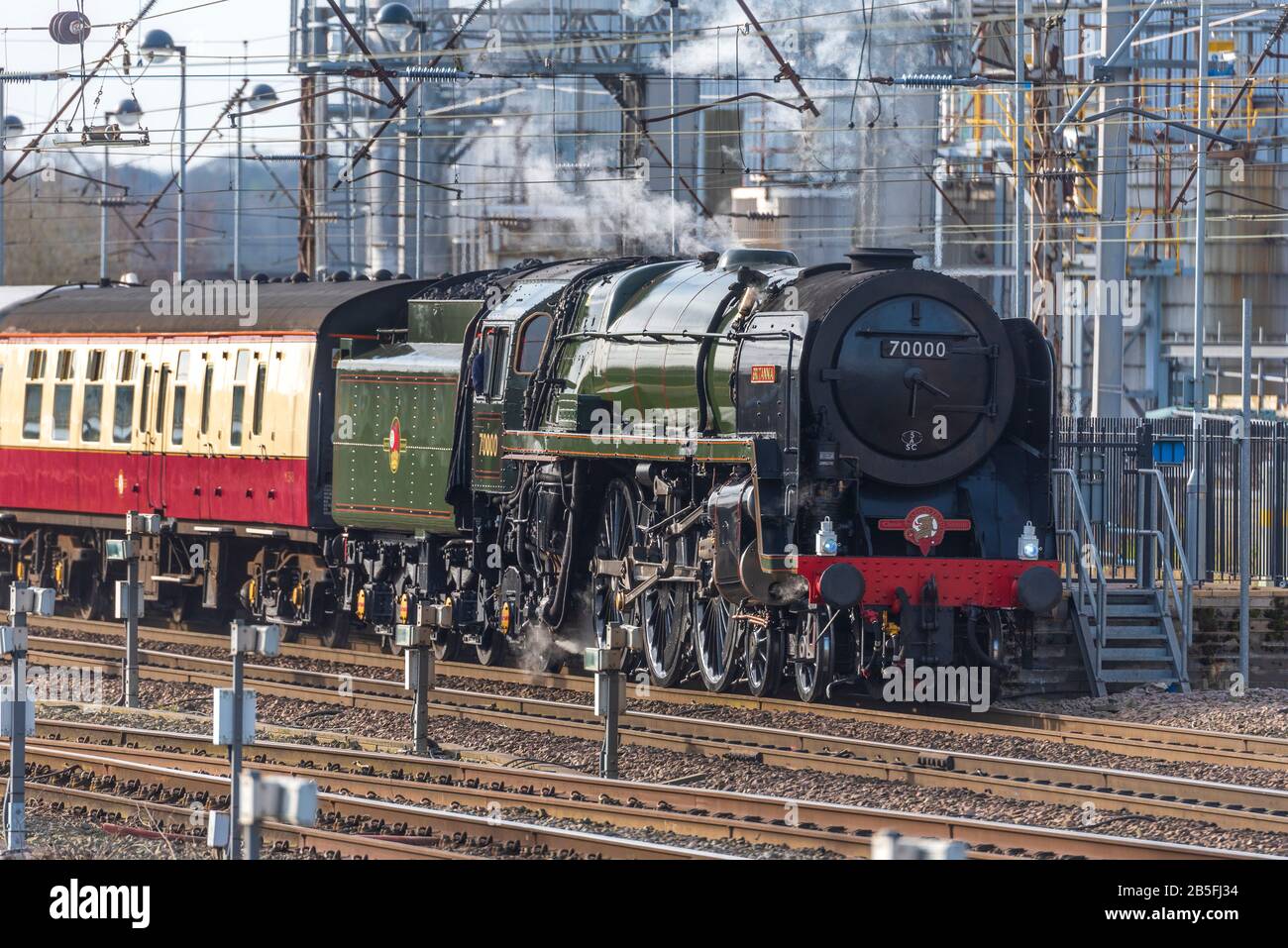 British Railways Standard Class 7, number 70000 Britannia a preserved steam locomotive, owned by the Royal Scot Locomotive and General Trust. Stock Photo