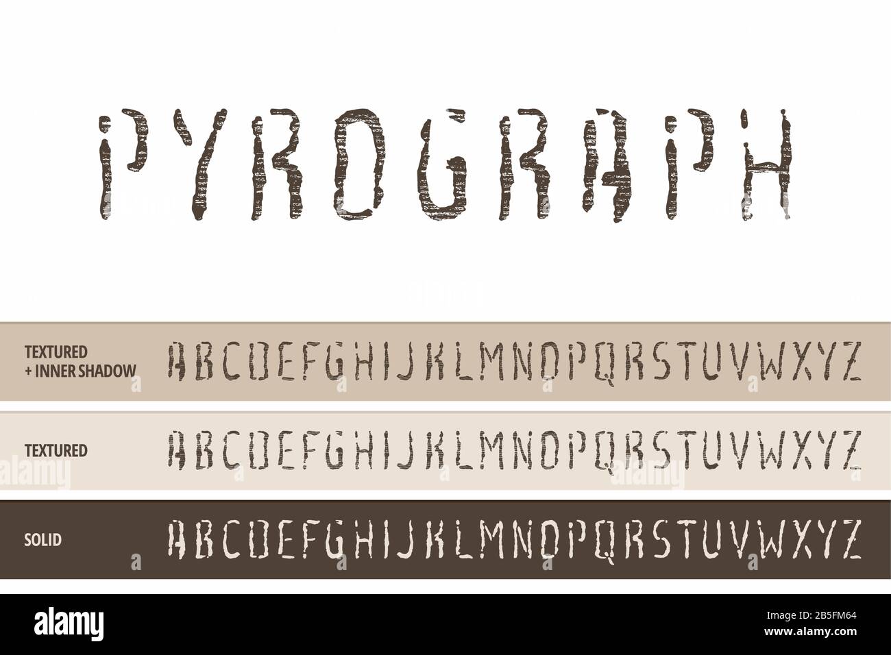Wood Pyrography Typeface (Vector Font). Letter Press, Stamp, Wood Relief, Cut and Carving (Textured Typography). Stock Vector