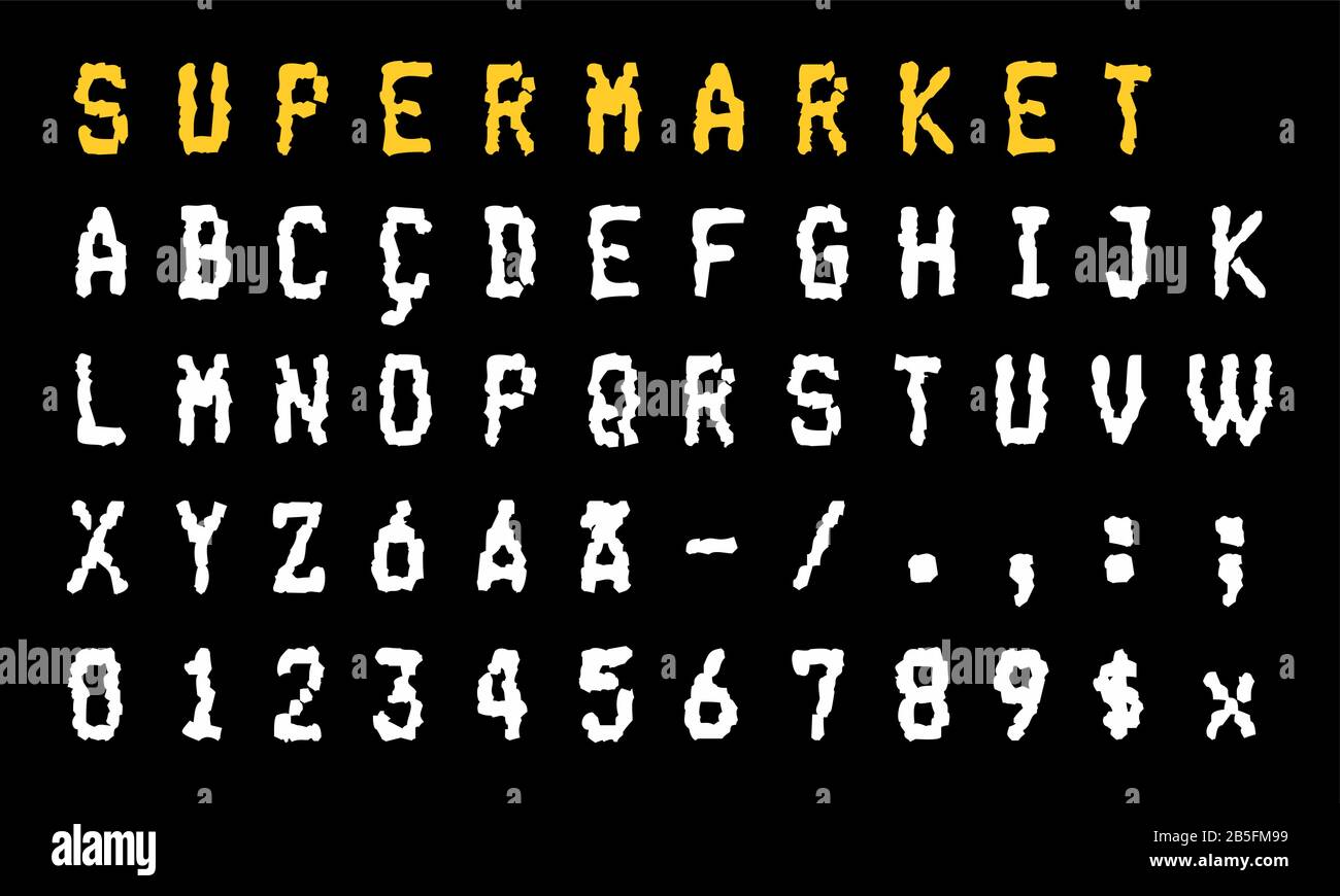 Scratched and Damaged Supermarket / Bank Receipt (Shopping Bill) Font. Pixel (Dot) Style Typography Font (Vector Typeface). Uppercase Alphabet and Num Stock Vector