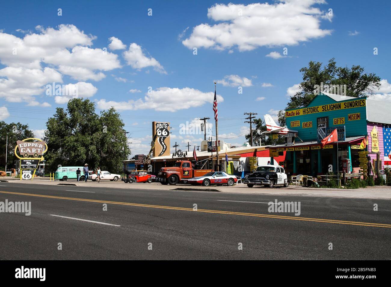 Route 66 with old cars inspired by Disney's CARS movie. 66 (officially US Route 66) is an old American route that linked Chicago (Illinois) to Stock Photo - Alamy