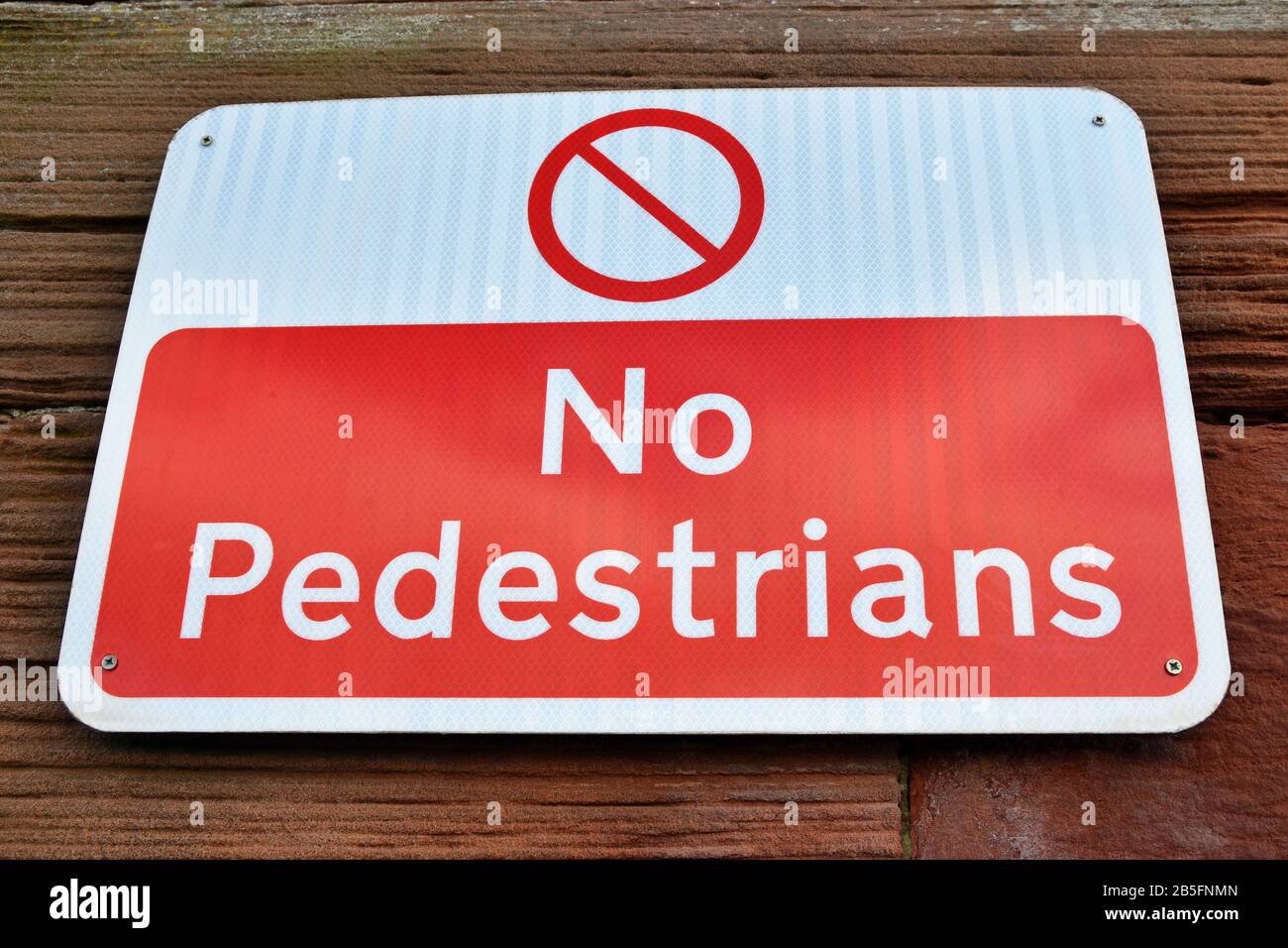 Rectangular red and white no pedestrians sign, isolated. Taken in Edinburgh, UK. Stock Photo
