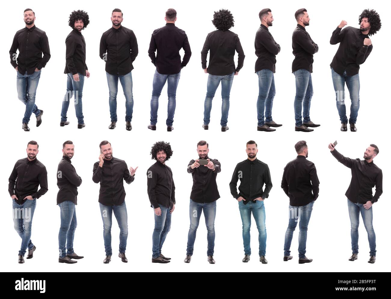 collage of photos of a cheerful young man in jeans Stock Photo - Alamy