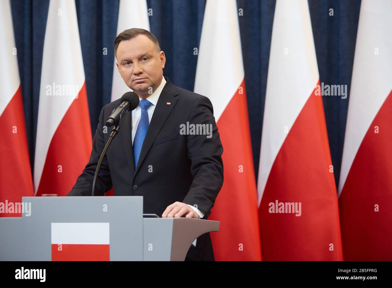 March 8, 2020, Warsaw, Mazovian, Poland: Press Conference On The Initiative of President ANDRZEJ DUDA To Create A Special Medical Fund With A Budget Of Almost PLN 3 Billion A Year. These Will Be Additional Funds Intended For The Treatment of Oncological Diseases, As Well As Financing The Treatment Of Children Affected By Oncological Diseases And Rare Diseases..in the picture: ANDRZEJ DUDA (Credit Image: © Hubert Mathis/ZUMA Wire) Stock Photo