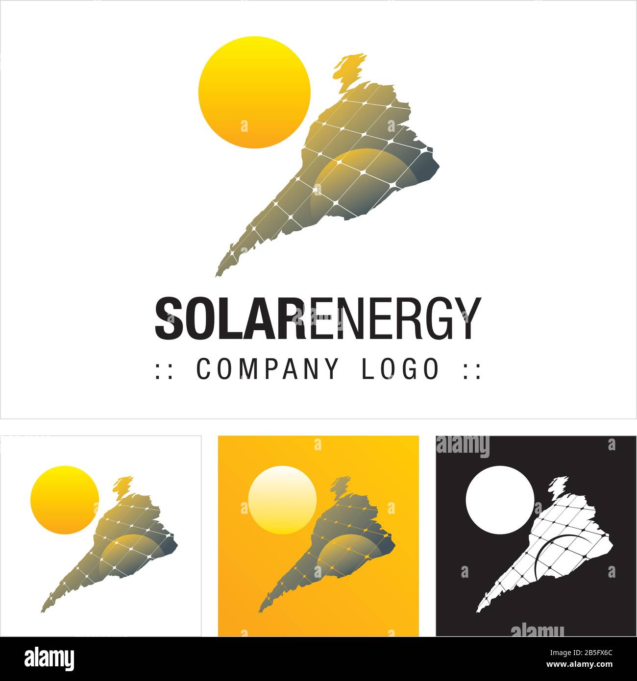 Solar Energy Vector Symbol Company Logo. Cartoon Style Logotype. Solar Panel, Sun, and South America Map Icon illustration (Emoticon). Elegant Identit Stock Vector