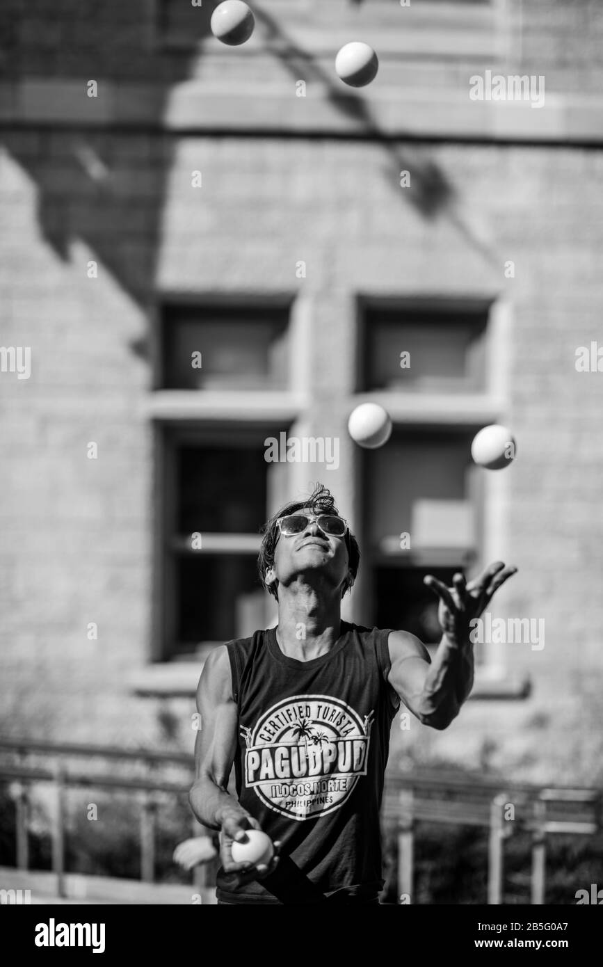 Quebec City, Canada - August 21 2019: The Ball juggler playing ball in downtown Quebec City Stock Photo