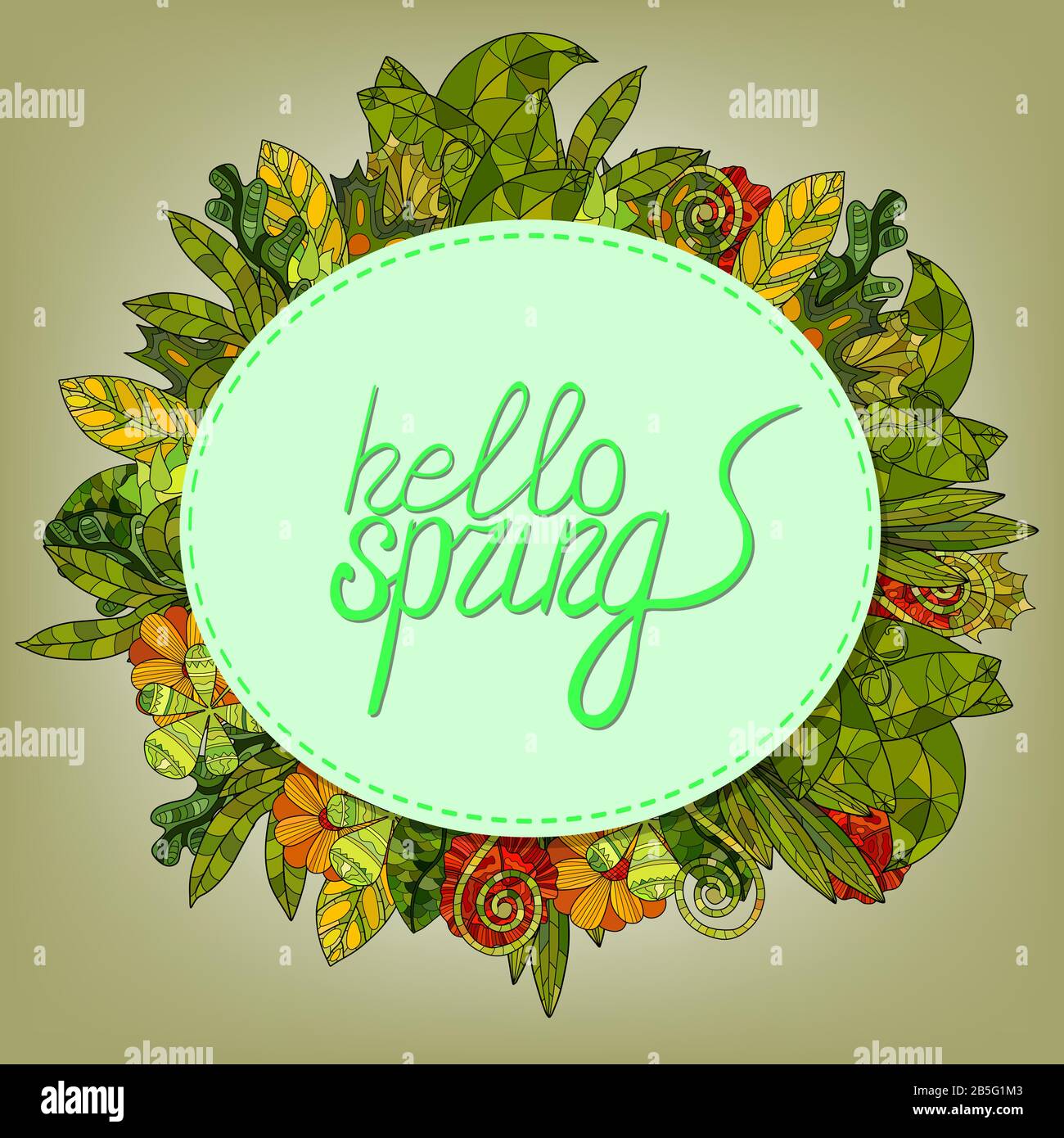 spring lettering greeting card with cartoon flowers and leaves - hello ...