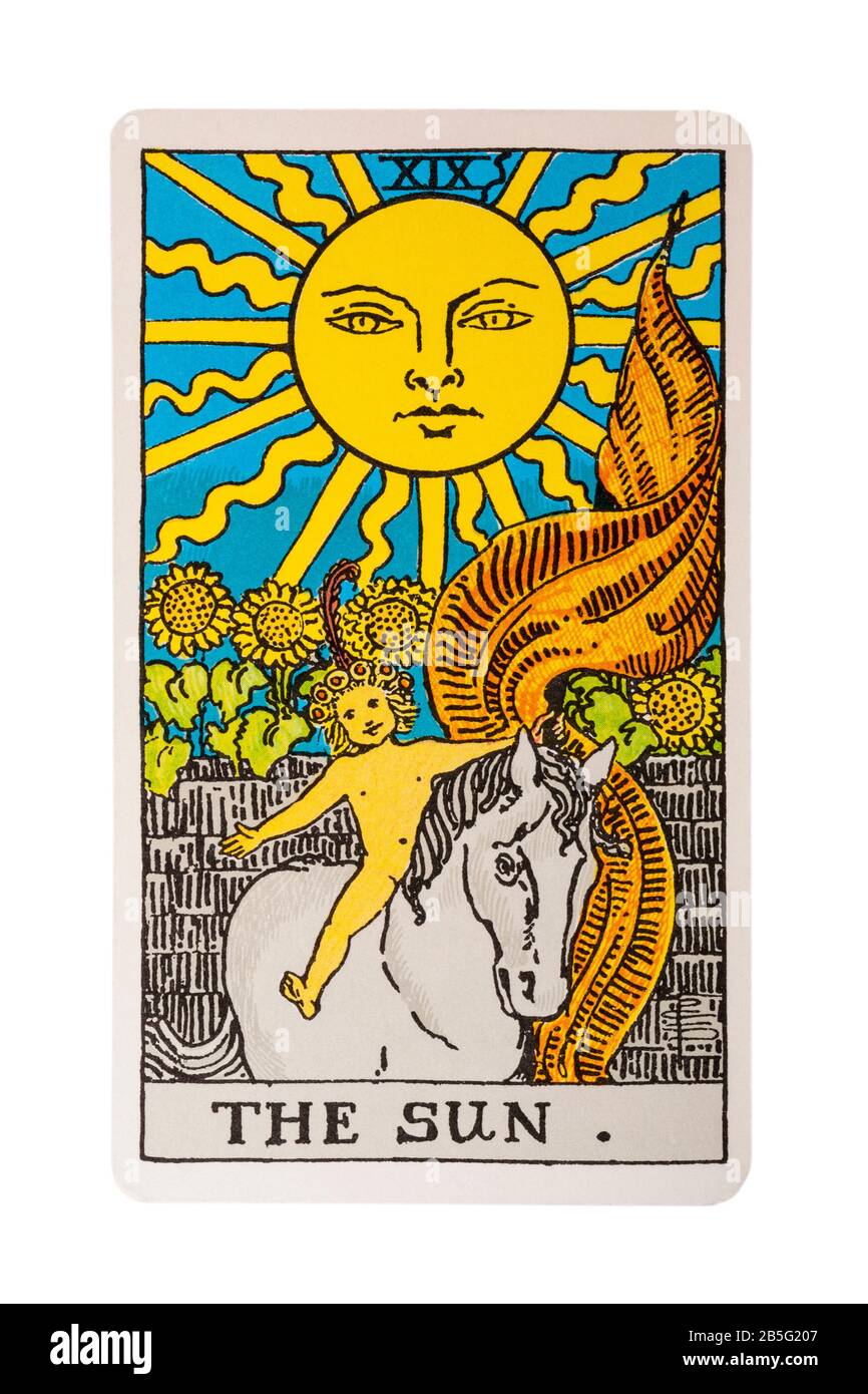 The Sun tarot card from the Rider Tarot Cards designed by Pamela Colman Smith under supervision of Arthur Edward Waite isolated on white background Stock Photo