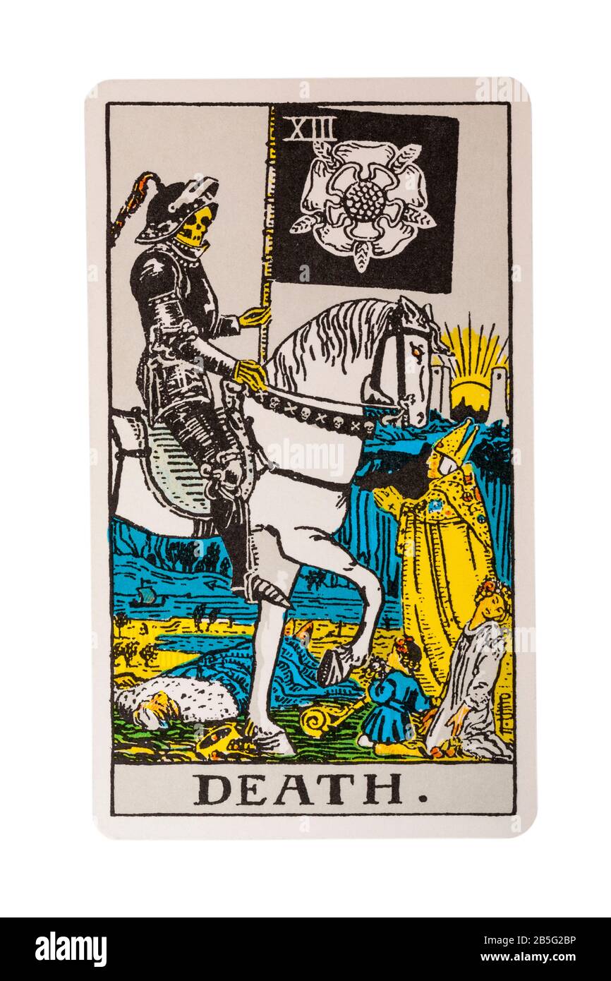 Death tarot card from the Rider Tarot Cards designed by Pamela Colman Smith under supervision of Arthur Edward Waite isolated on white background Stock Photo