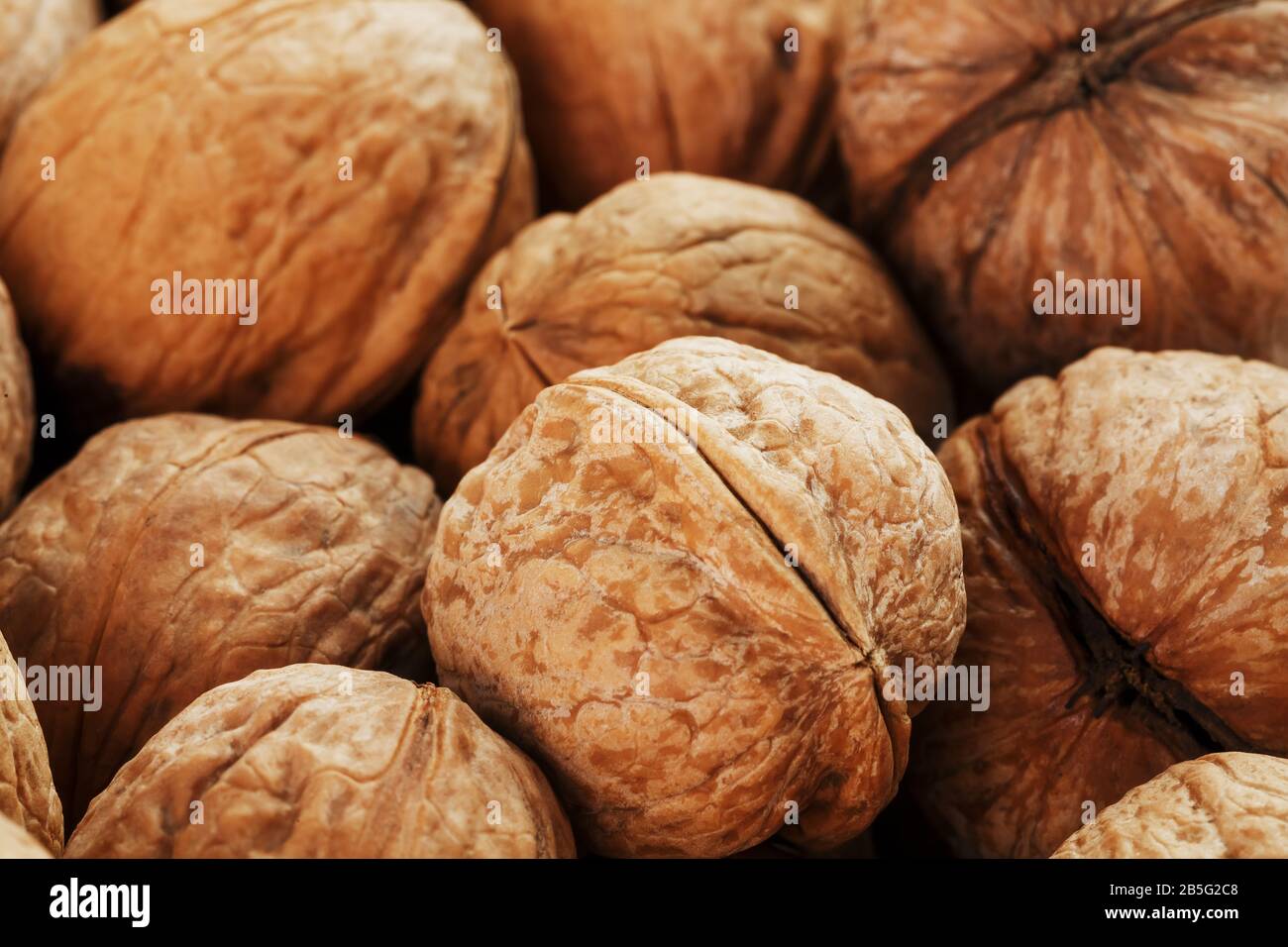 Natural walnut background pattern texture Abstract walnuts heap pattern background Blurred edges frame Natural food in-shell nuts walnuts pattern back Stock Photo