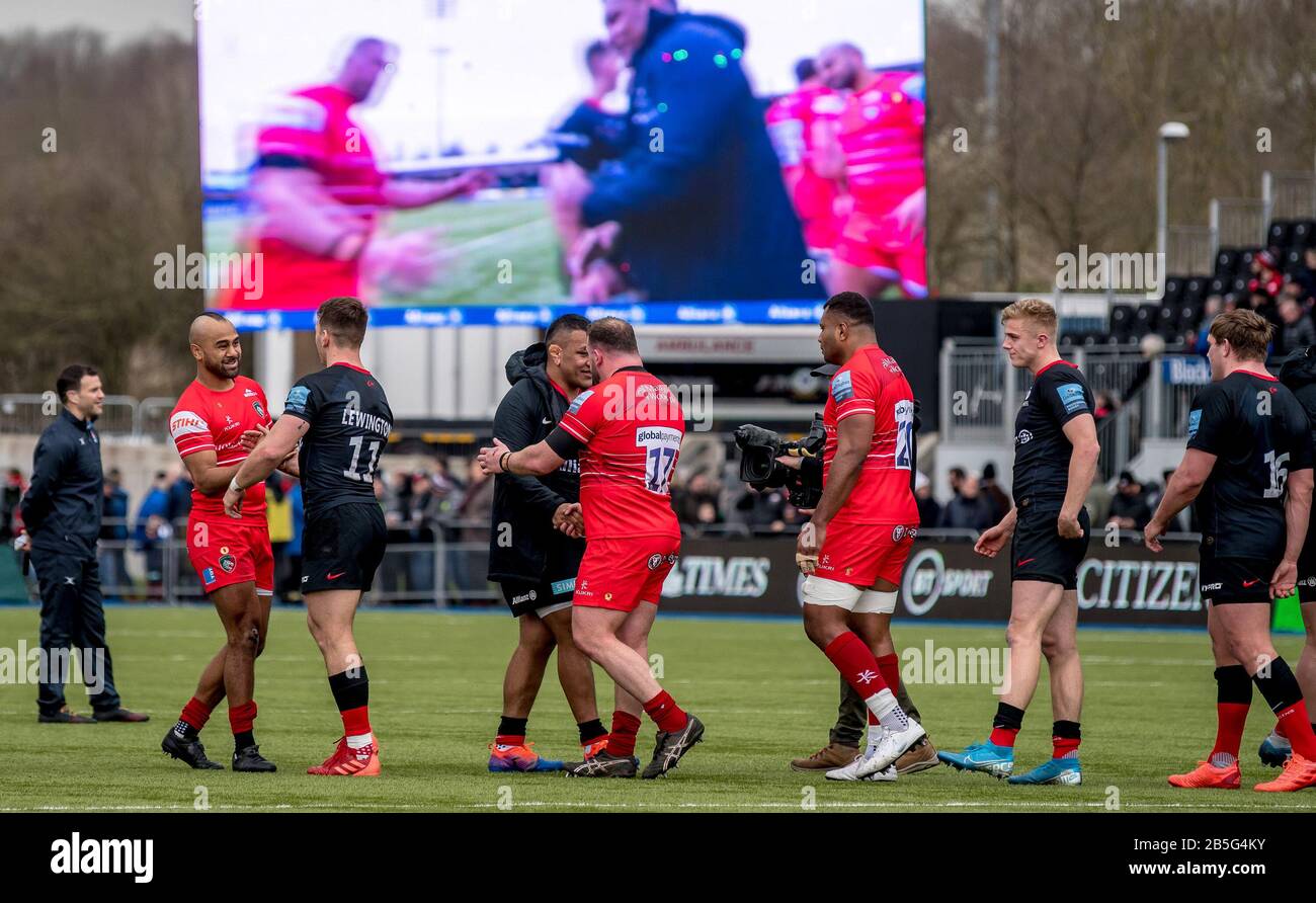 Players shake hands at the end of the Gallagher Premiership Rugby match between Saracens and Leicester Tigers at the Allianz Park, London, England on 7 March 2020. Photo by Phil Hutchinson. Editorial use only, license required for commercial use. No use in betting, games or a single club/league/player publications. Stock Photo