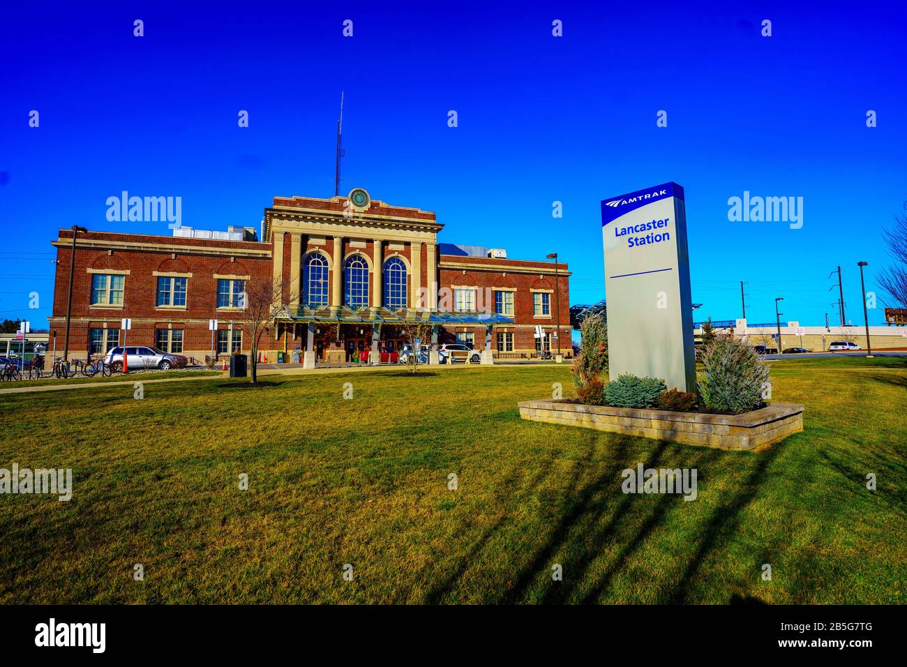 Lancaster, PA / USA March 7, 2020 The Amtrak Train Station and a
