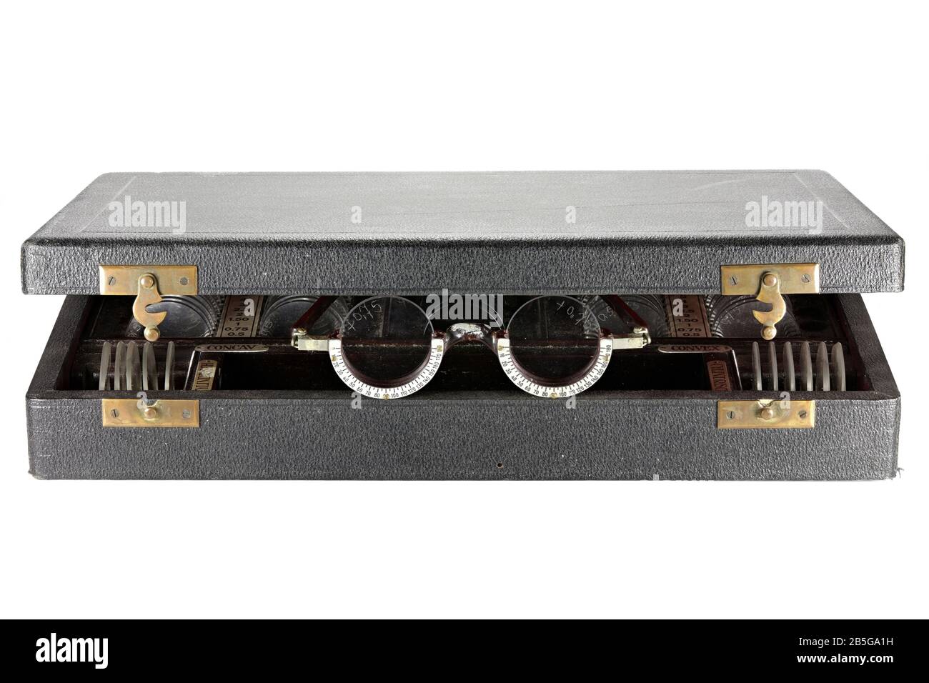 old German optometrist trial frame and lens set isolated on white background Stock Photo