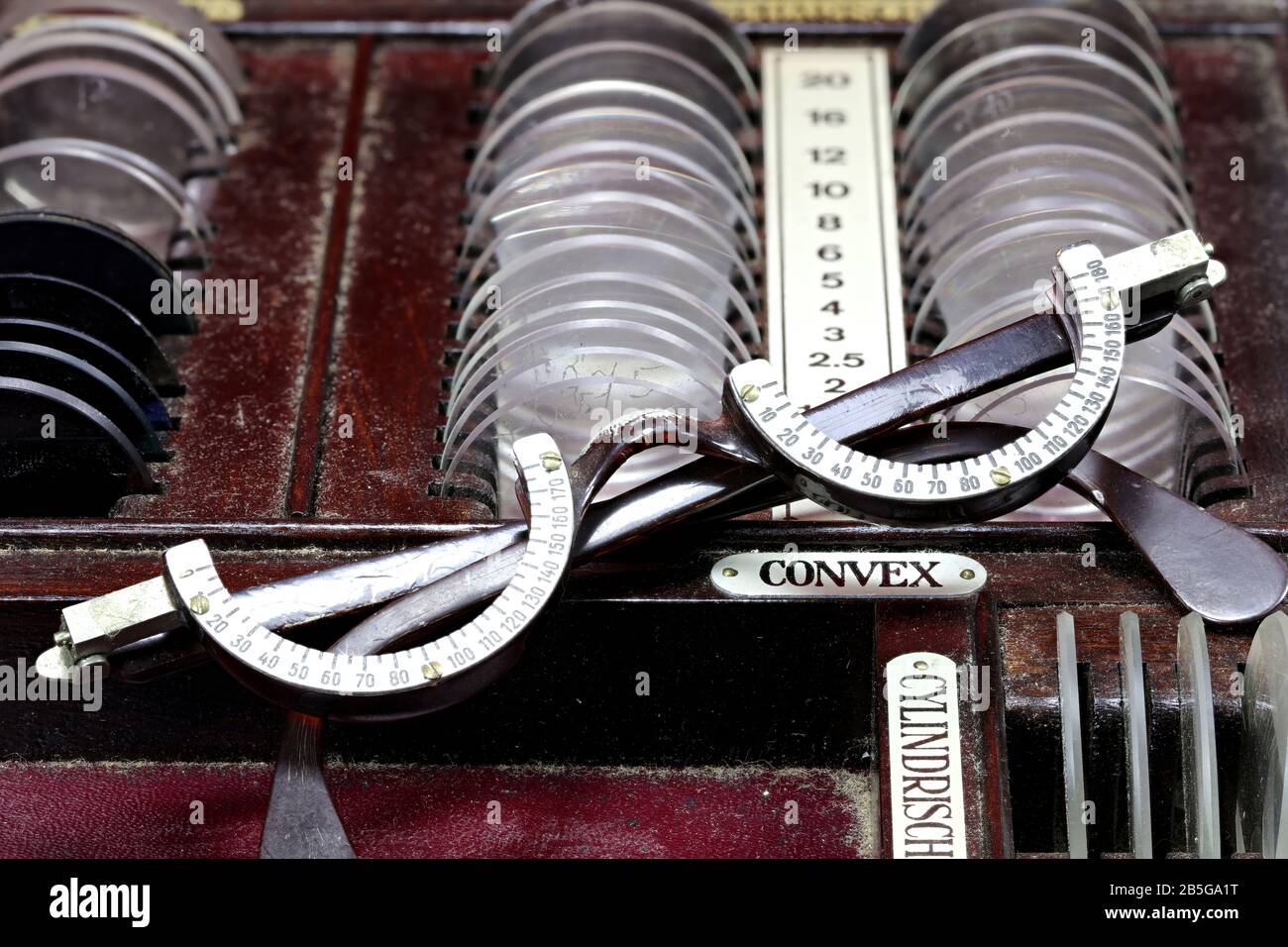 old German optometrist trial frame on lenses in case Stock Photo