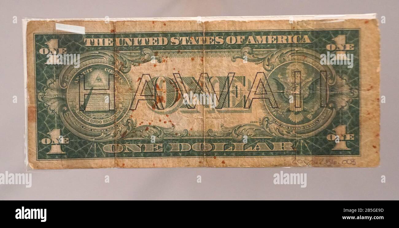 New Orleans, Louisiana, U.S.A - February 5, 2020 - The Hawaiian overprint currency that was declared worthless after the aerial Pearl Harbor attack Stock Photo