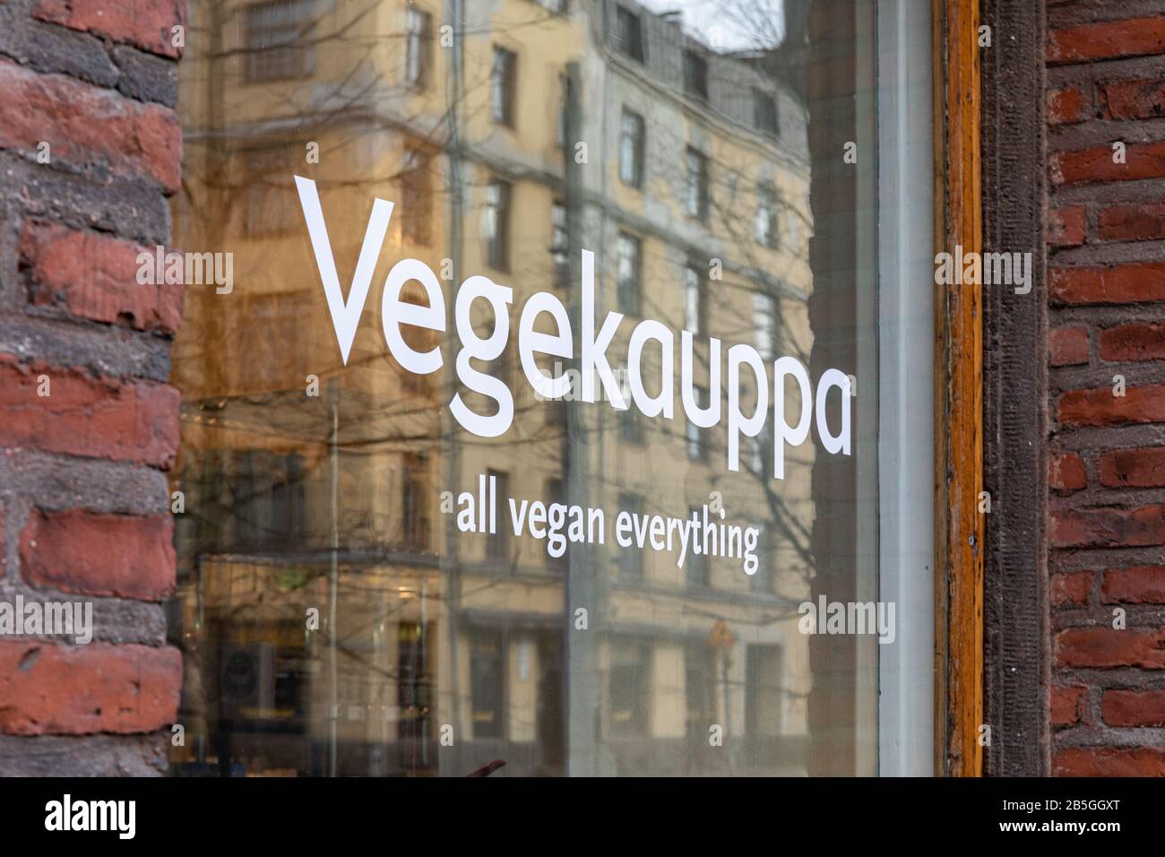 Vegekauppa, selling all vegan goods, store window on Helsinginkatu in Kallio district of Helsinki, Finland Stock Photo