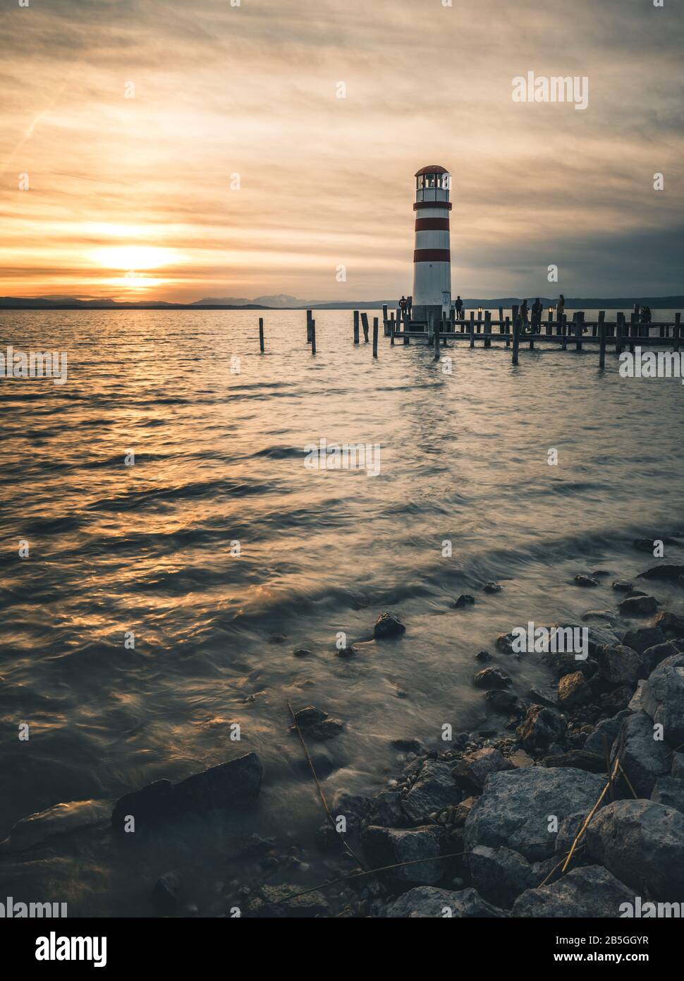 Lighthouse in Podersdorf am See at sunset, lake Neusiedler See, Burgenland, Austria Stock Photo