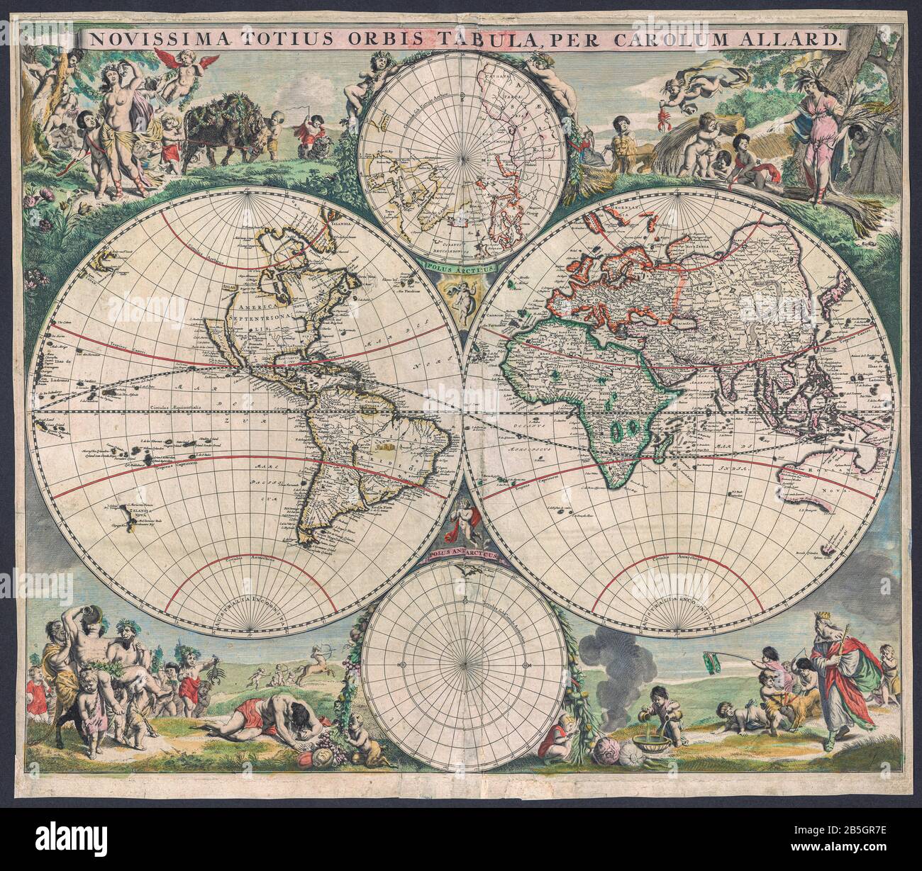 Carel Allard, (1648-approximately 1709). Novissima totius Orbis tabula  “New map of the whole world”. Amsterdam 1683. Stock Photo