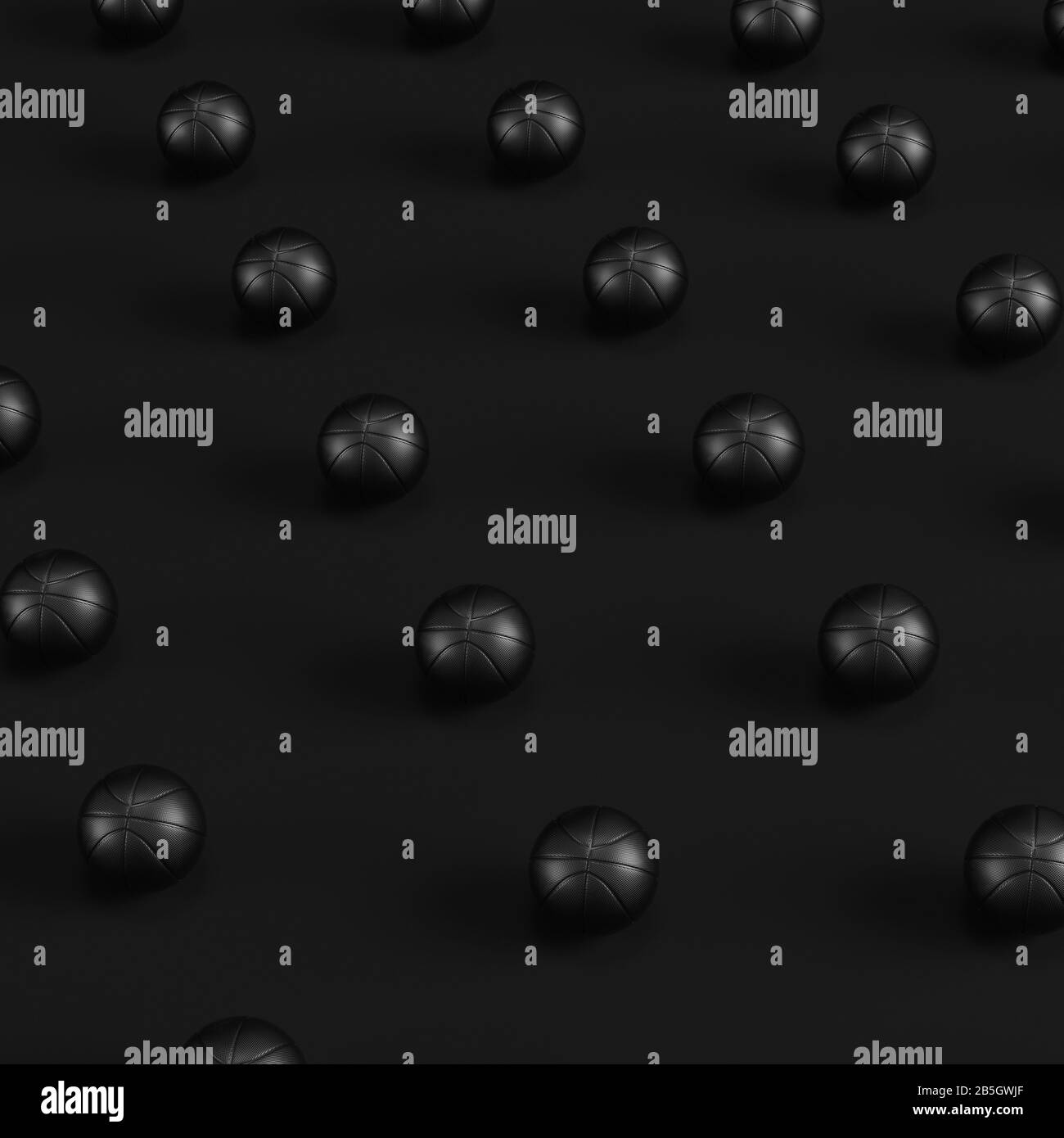 Array of black basketball balls on dark background. Minimalism concept. 3d render Stock Photo