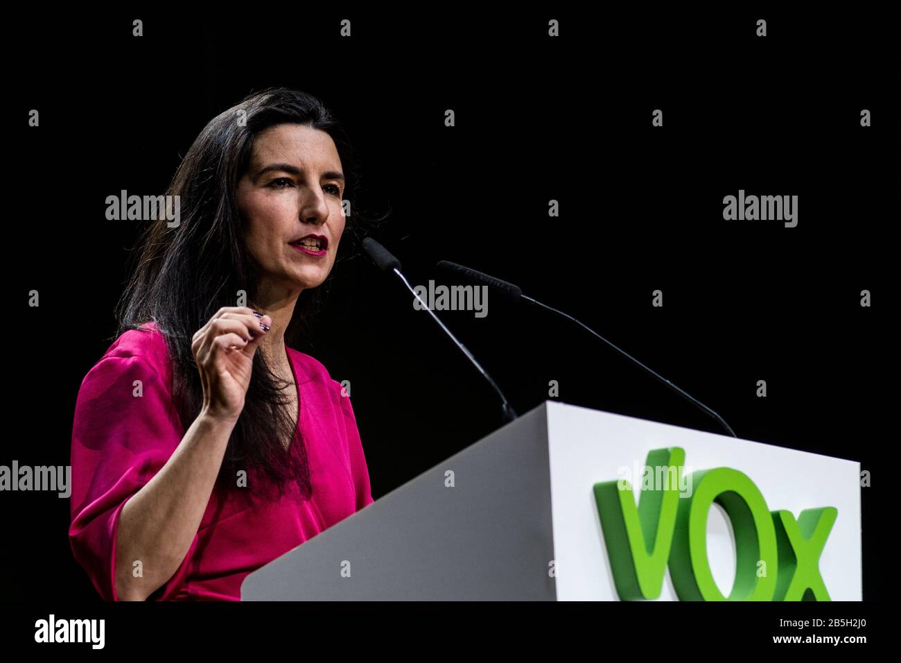 Madrid, Spain. 08th Mar, 2020. Madrid, Spain. March 8, 2020. Rocio Monasterio of far-right party VOX speaking during the 'Vistalegre III' rally, coinciding with the International Women's Day. Credit: Marcos del Mazo/Alamy Live News Stock Photo