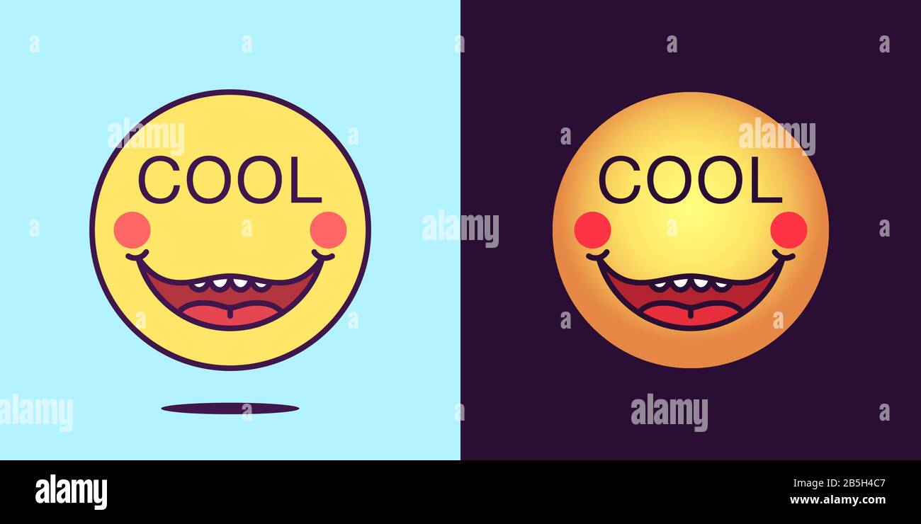 Emoji face icon with phrase Cool. Funny emoticon with text Cool. Set of cartoon faces, emotion icon for social media communication, amazing sticker an Stock Vector
