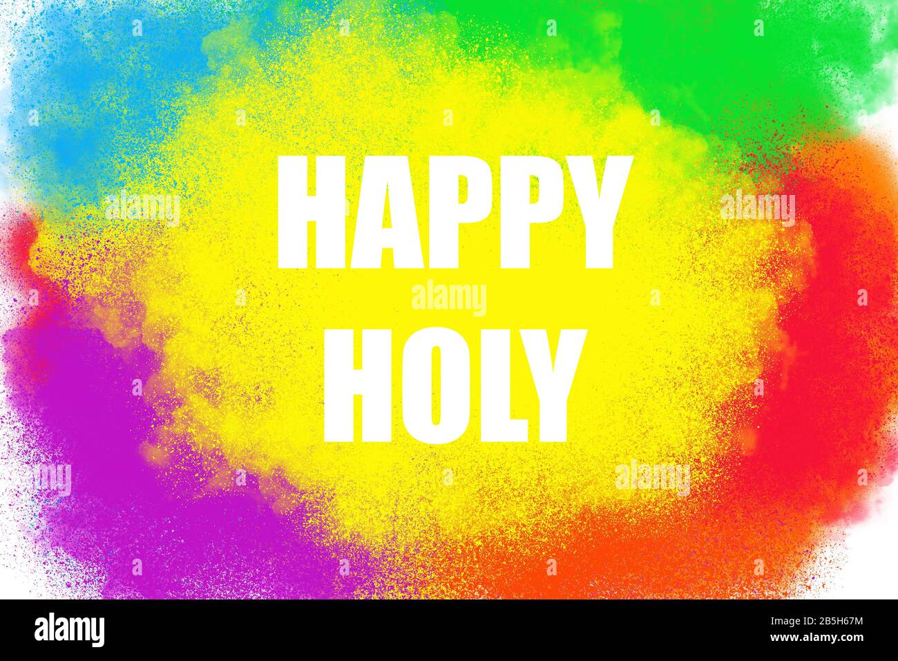 Happy Holi words on burst of colorful powder, white background. Abstract  illustration Stock Photo - Alamy
