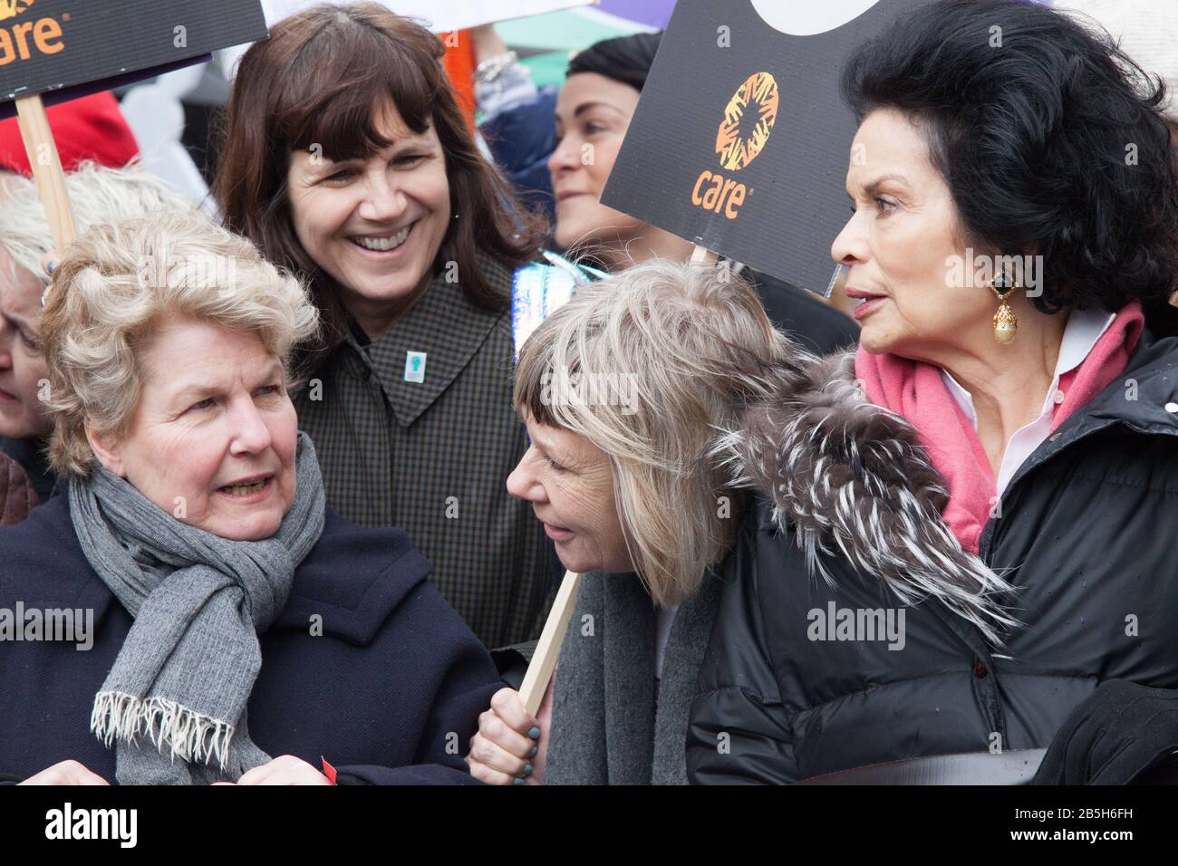 London, UK. 8th Mar 2020. Celebrities, campaigners and politicians joined the March4Women, organised by Care and the Women's Equality Party, to mark International Women's Day. L-R: Sandi Toksvig, Catherine Mayer, Jude Kelly and Bianca Jagger. Anna Watson/Alamy Live News Stock Photo